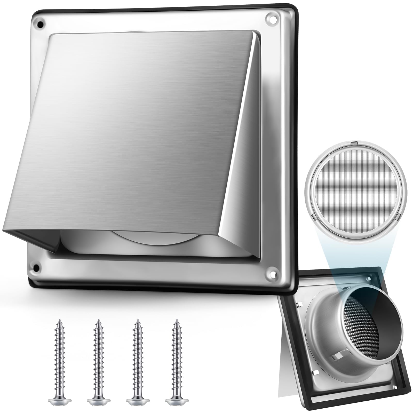 Gisafai 5 Inch Dryer Vent Cover Outdoor with Stainless Steel Screen Sliver Wall Dryer Exhaust Vent Cover External Cap Cushioned Non Return Flap with Sealing Gasket Grille, Bird/Insect Proof