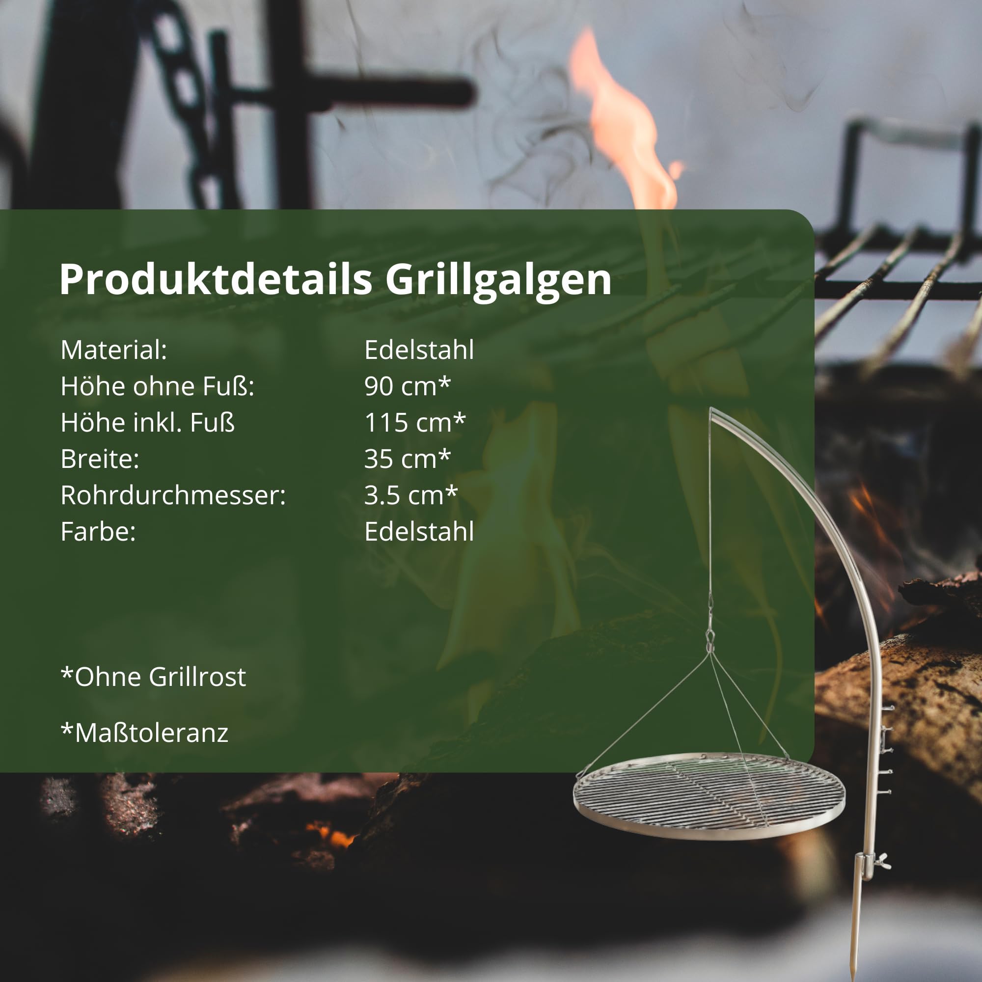 HeRo24 Grillgalgen Schwenkgrill T210 aus Edelstahl 3,5 cm Rohr mit Erdspieß höhenverstellbares Grillgestell für Feuerstelle & Outdoor OHNE Grillrost