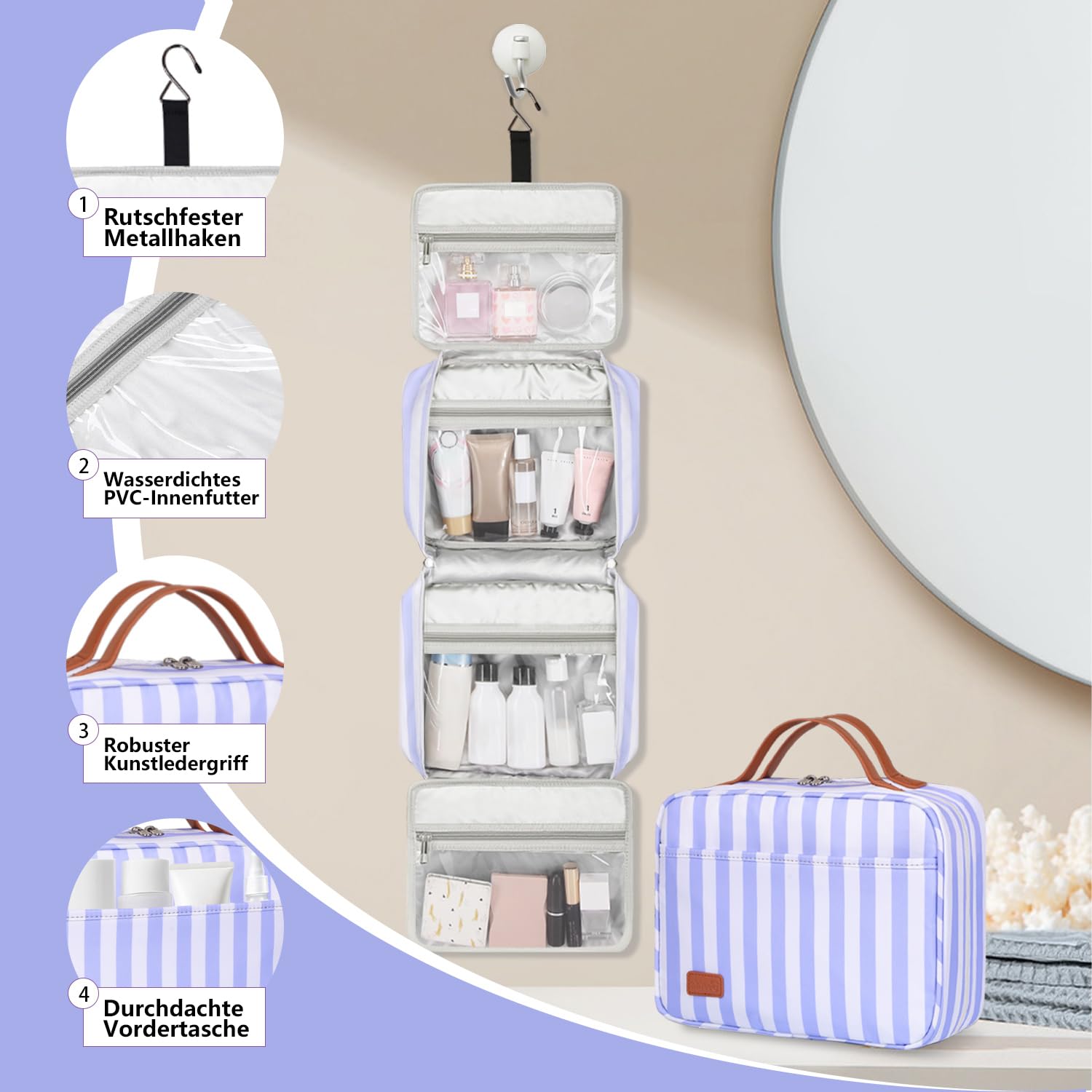 Kulturtasche zum Aufhängen, wasserdichte Kosmetiktasche Damen Toiletry Bag Reise Waschtasche Transparent für Mädchen Kulturtaschen