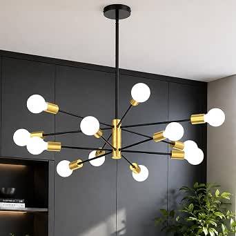Phaosio Sputnik 12-Light Chandelier, Mid Century Modern Ceiling Fixture for Dining Room, Kitchen Island, Living Room, Bedroom - Black and Gold