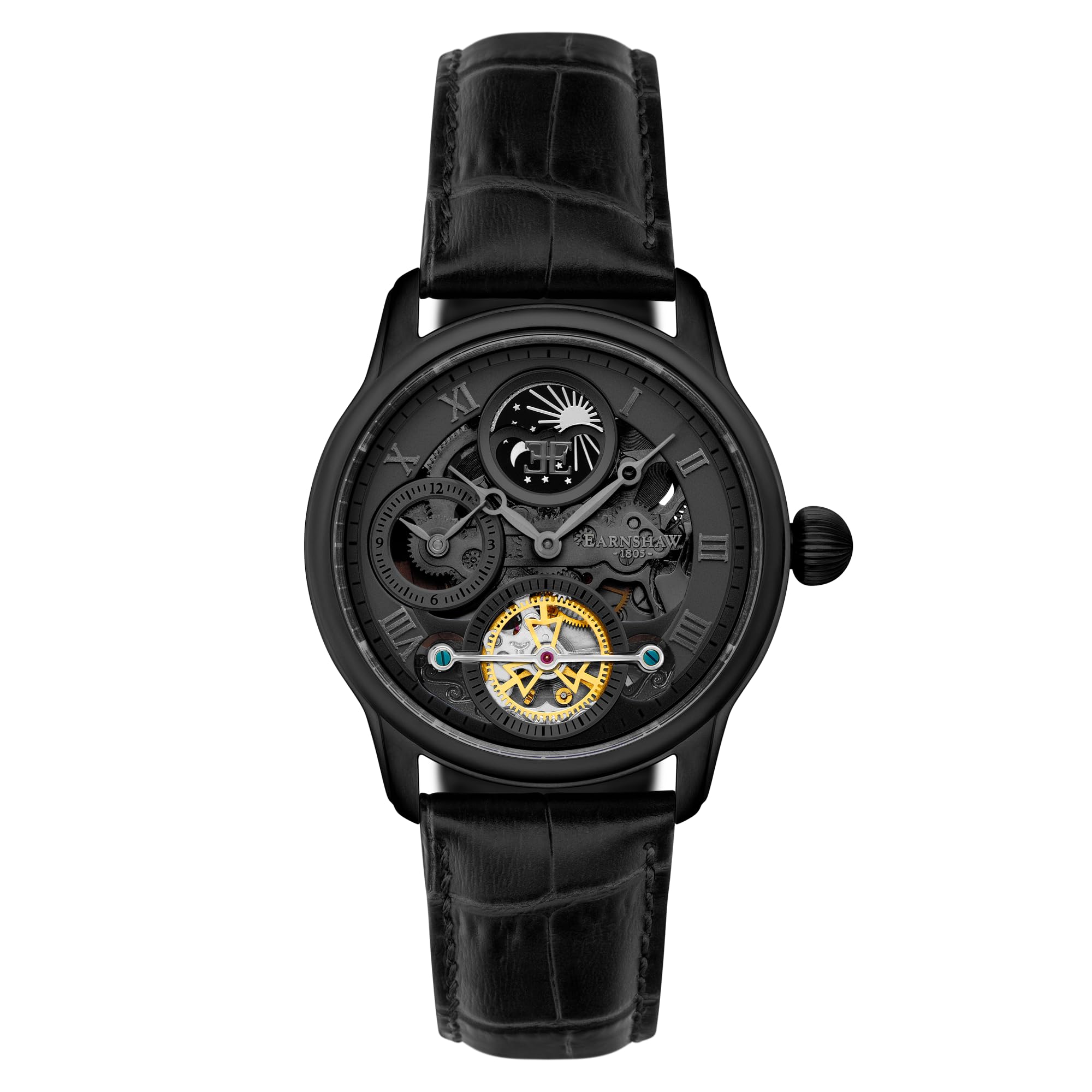 Thomas EarnshawMens 44mm Longitude Dual Time Automatic Skeleton Watch with Genuine Leather Strap ES-8063