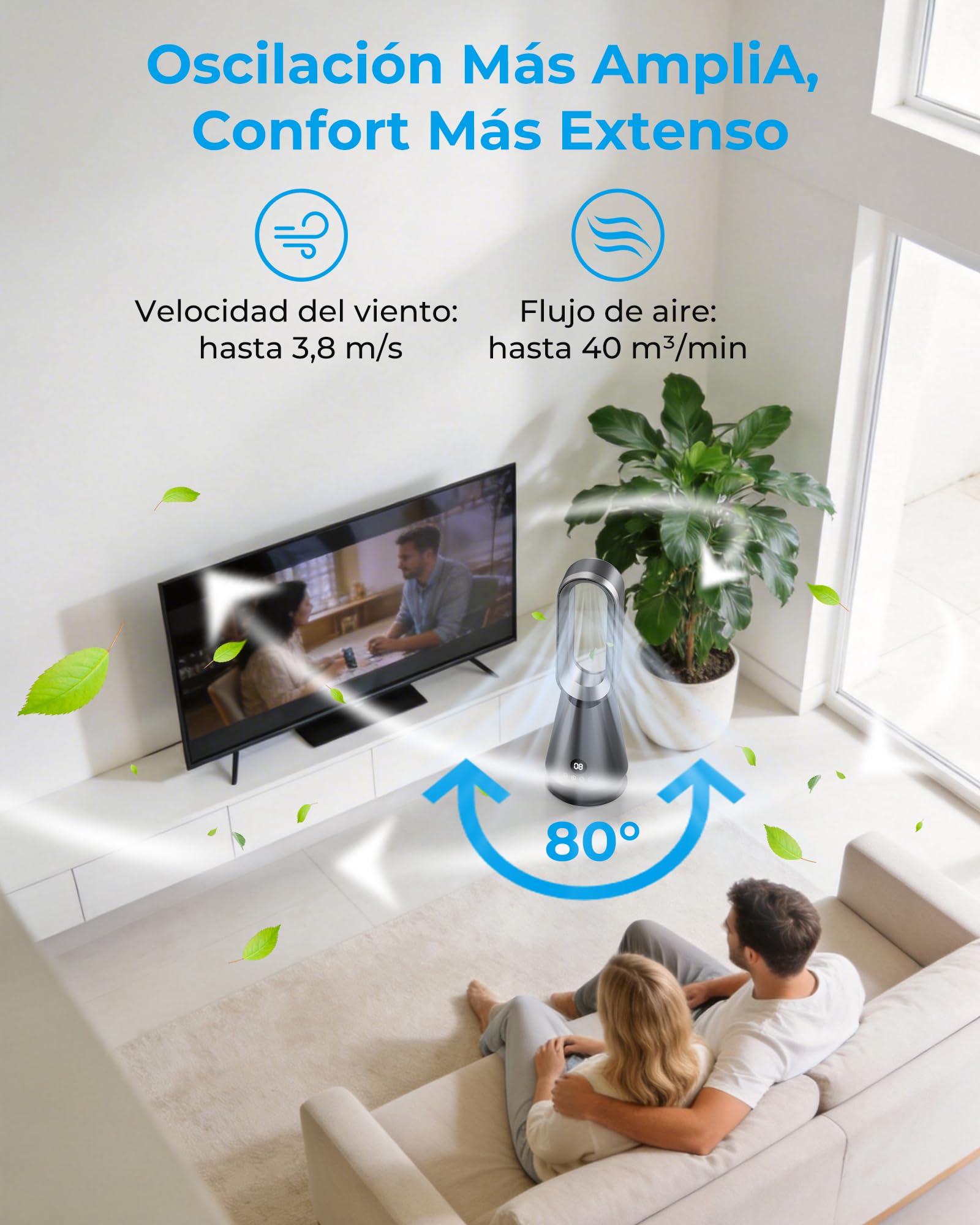 Ventilador de Torre Silencioso sin Aspas,Ventiladores Aire Frio con 8 Velocidades,2 Modos(Sueño,Viento Fuerte),Temporizador 9h,Oscilación 80°,Mando a Distancia,Pantalla LED,32dB Bajo Nivel de Ruido