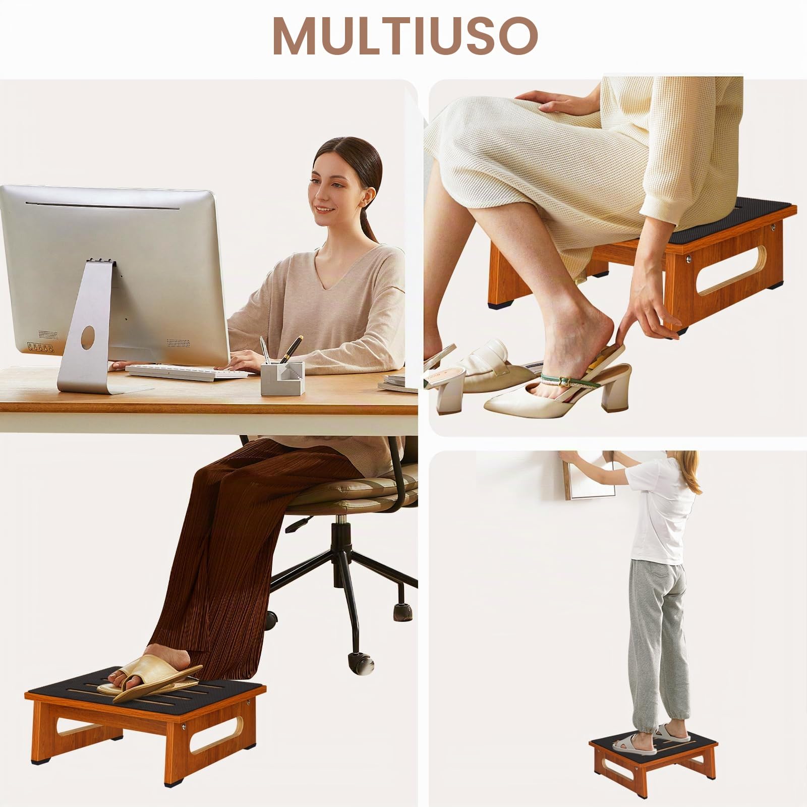 Uno sgabello in legno per adulti e anziani con rivestimento in gomma antiscivolo, per interni ed esterni, 450 Ib, supporto portatile in legno per bagno, cucina, comodino e altro ancora (noce)