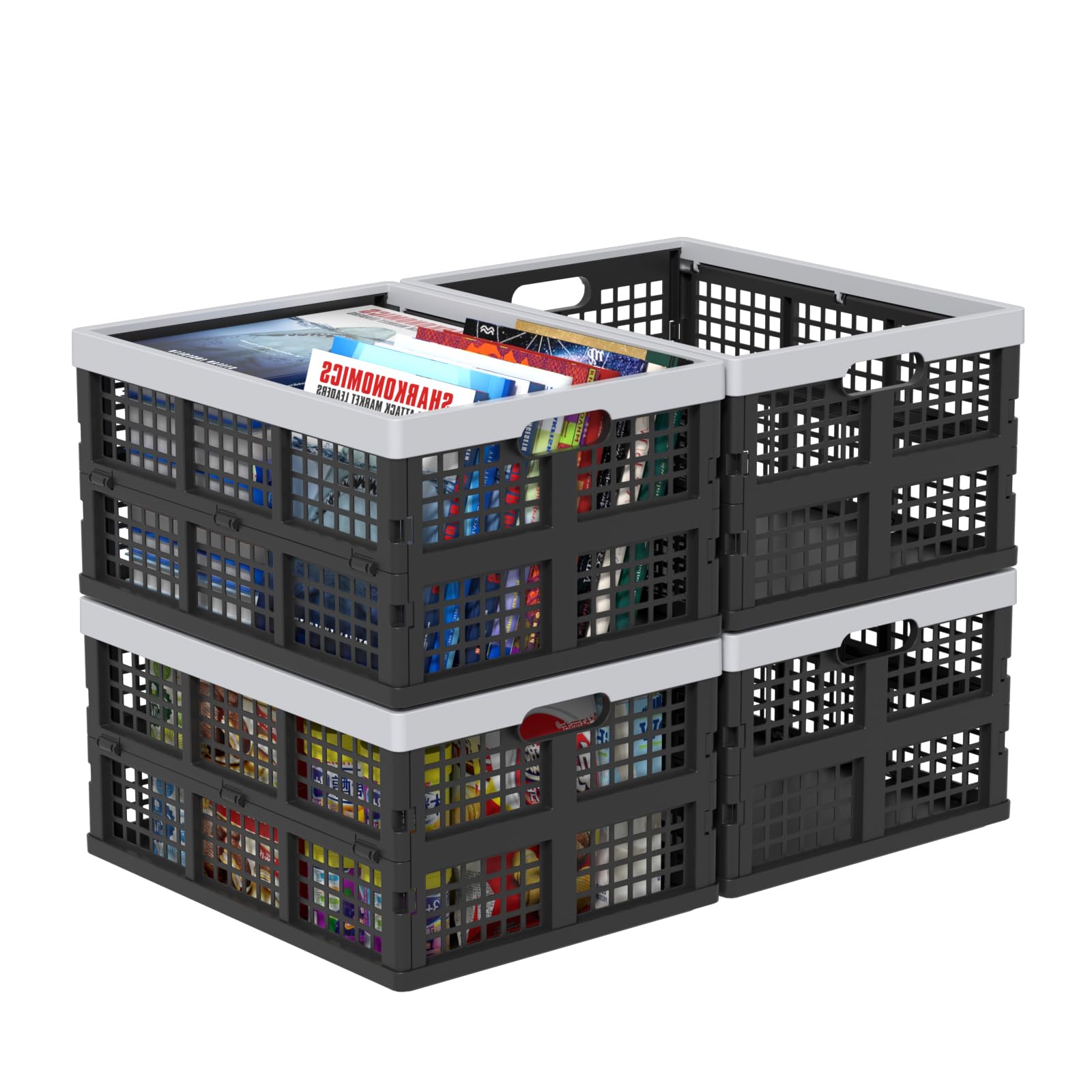 Ysmiltion 35 L Large Collapsible Storage Crate Baskets, Black, 4 Packs