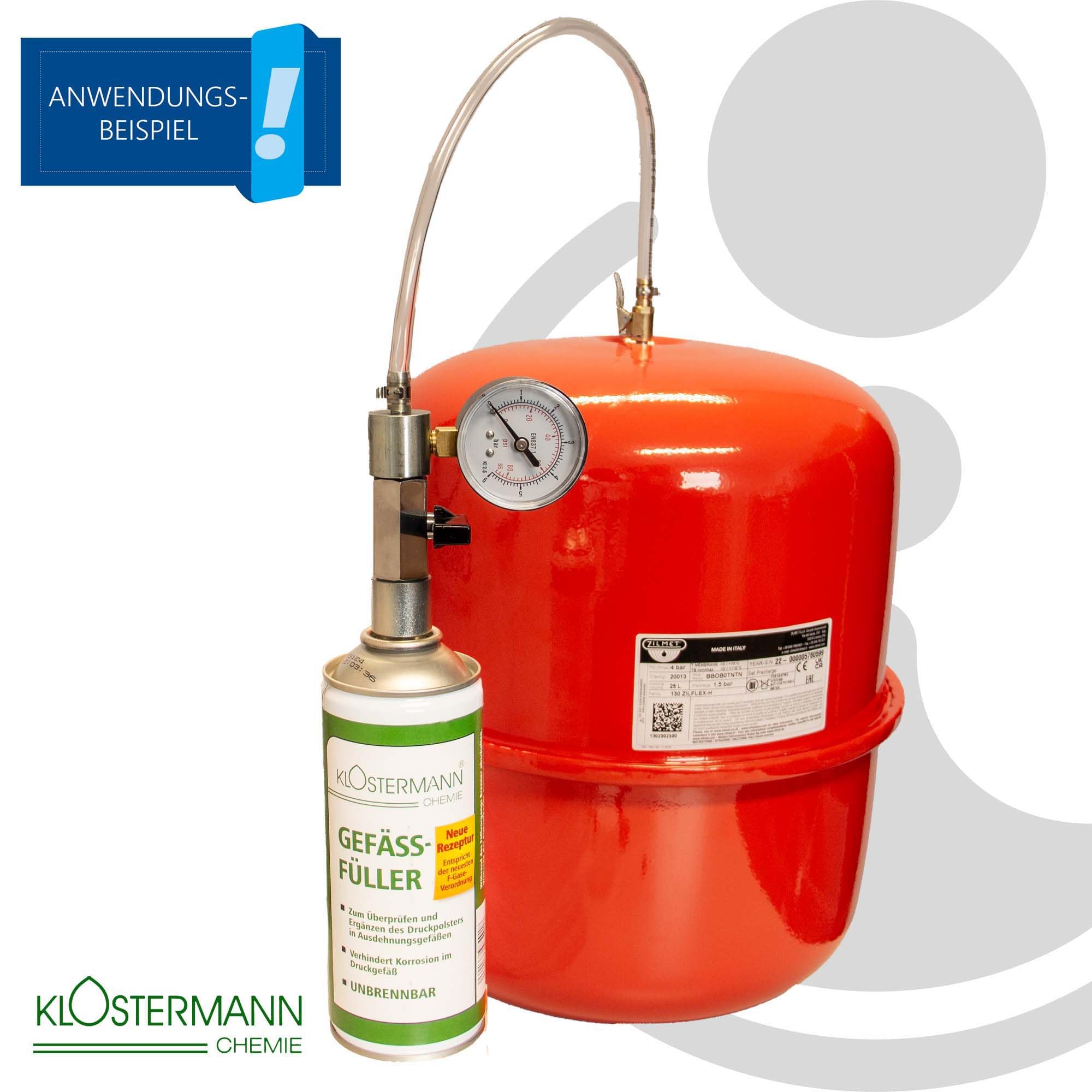 Gefäßfüller (nicht brennbar) 400 ml - Klostermann Chemie 4918 und Anschlussadapter mit Manometer 0-6 bar