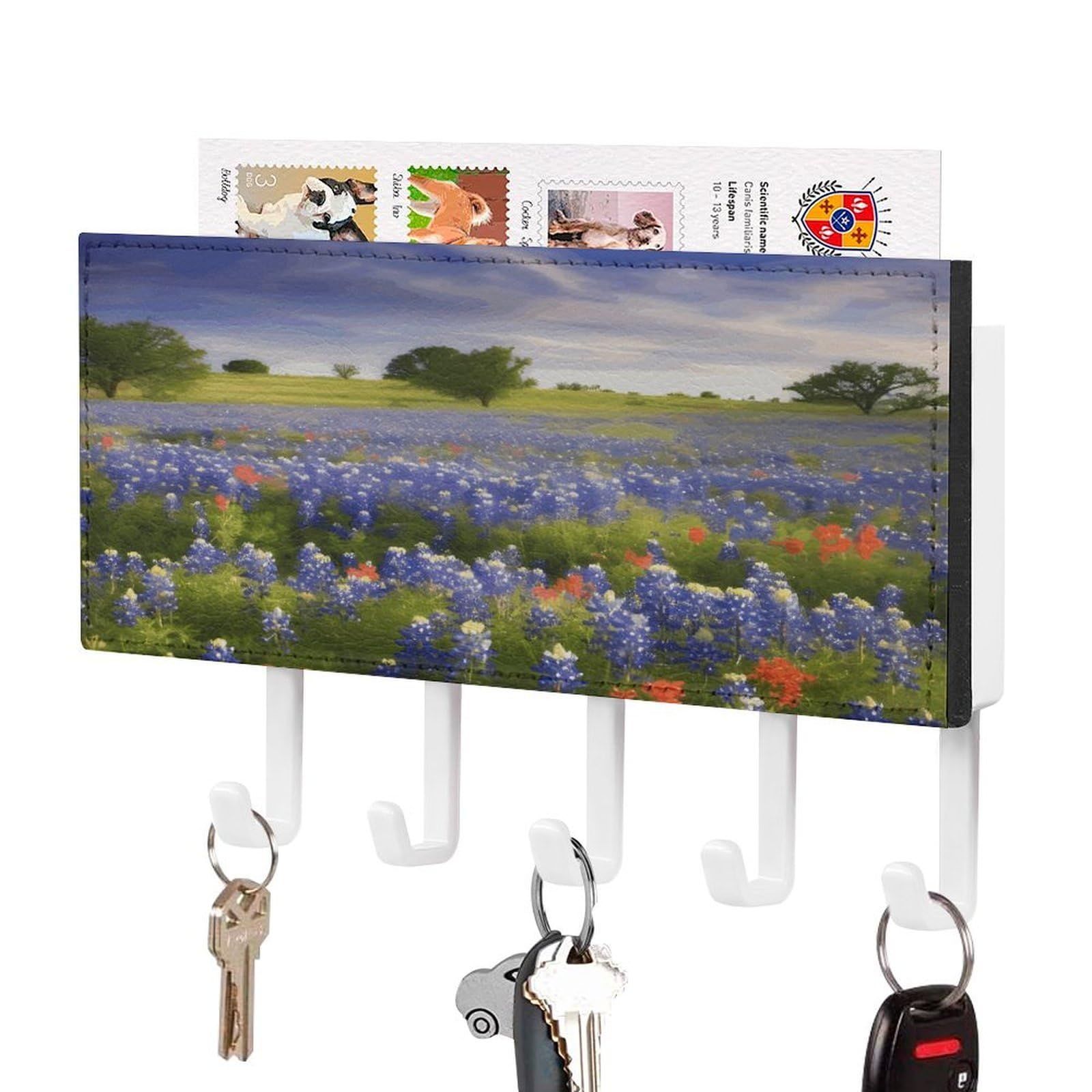 Vstadank White-Style Texas Bluebonnets Scenery Key Holder For Wall Key Holder Wall Mount Adhesive With Mail Organizer Tray Adhesive Metal Key Rack With 5 Hooks Hanger Pu Leather Key Hanger For Entryway