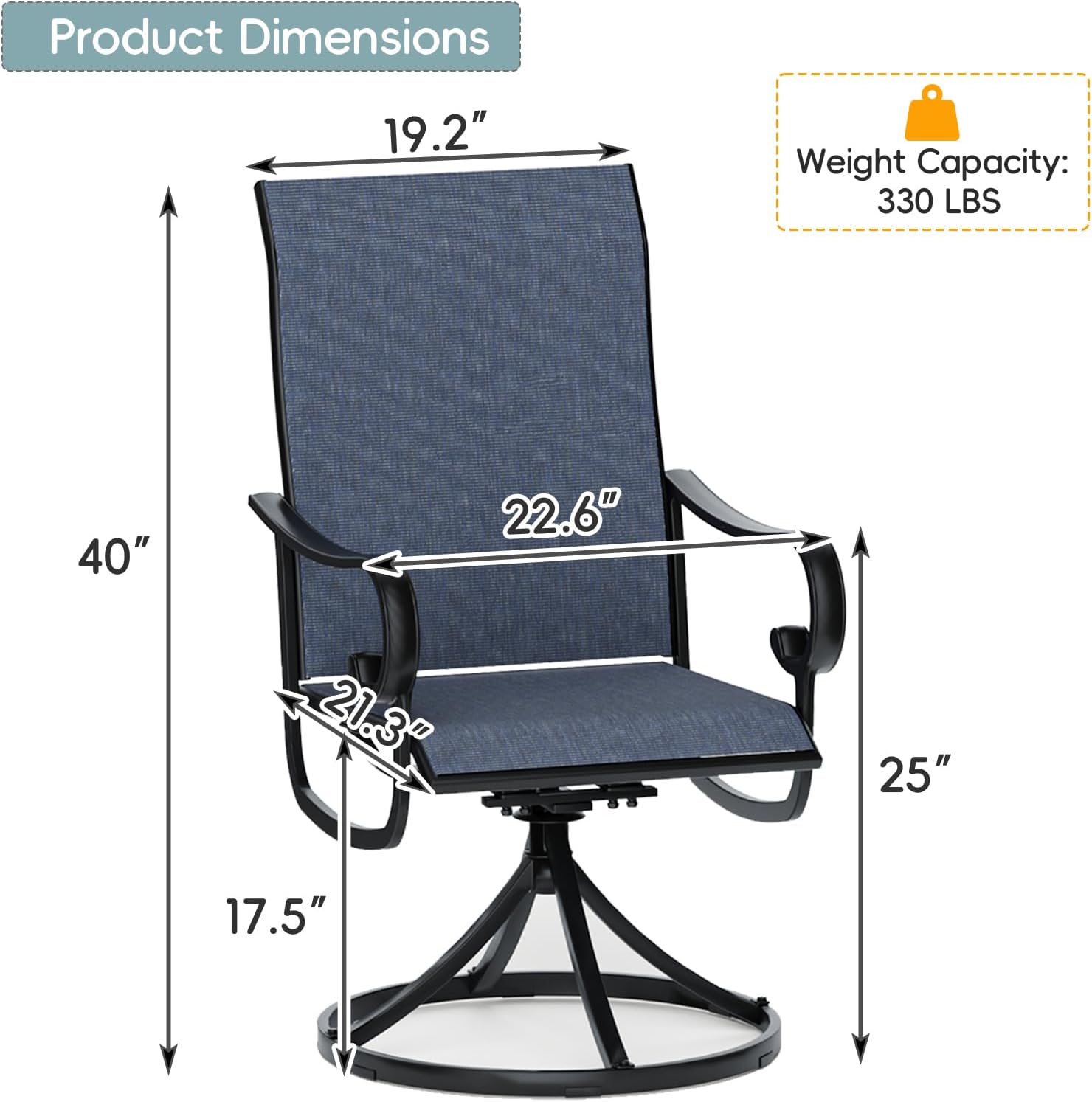 Patio Swivel Chairs Set of 2, Outdoor Dining Chairs with High Back, All-Weather Swivel Rocker Chair with Sturdy Metal Frame for Outdoor Poolside Lawn Garden, Navy Blue