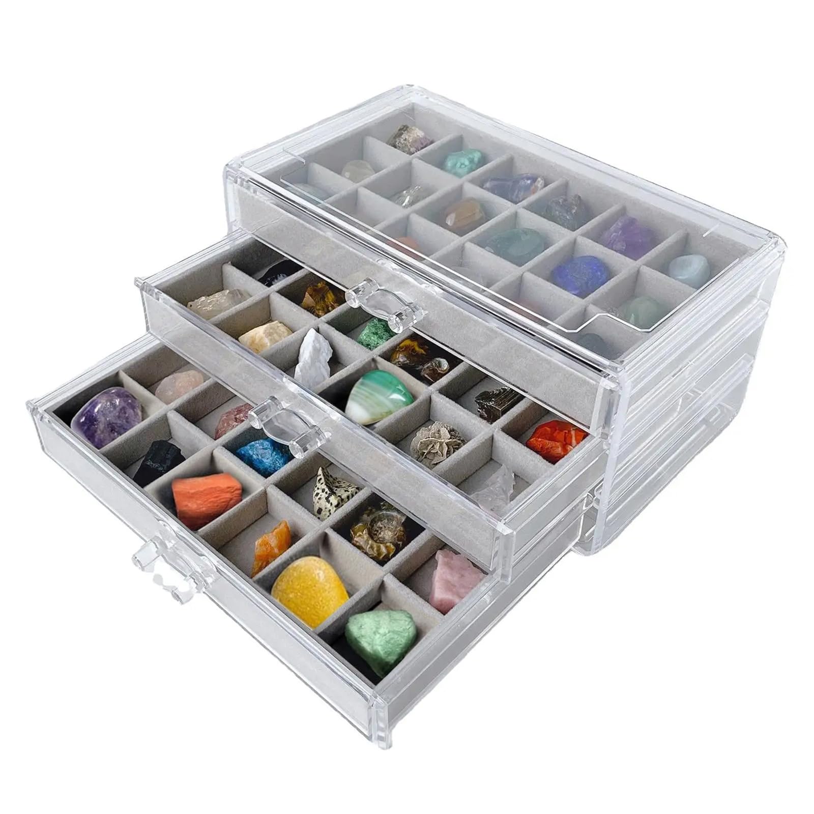 NoayaNoaya 3 Drawer Rock Collection Display Case - Detachable Jewelry Organizer for Rings, Earrings, Shells