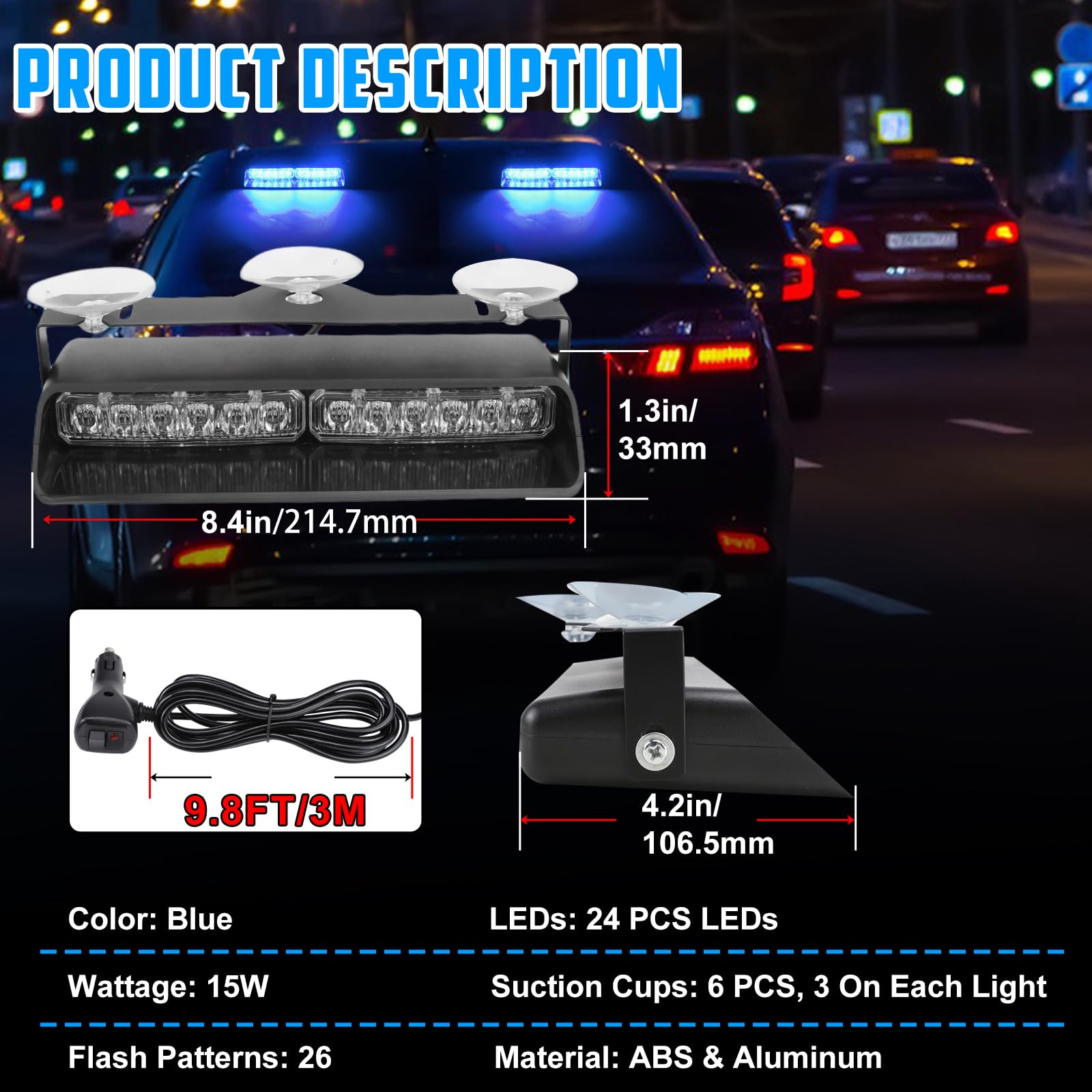 Luces estroboscópicas de advertencia LED azul 2 en 1, 26 modos, 12/24V, para emergencias, tráfico, 2 x 8.4 pulgadas, para tablero/parabrisas delantero/trasero de camiones, vehículos