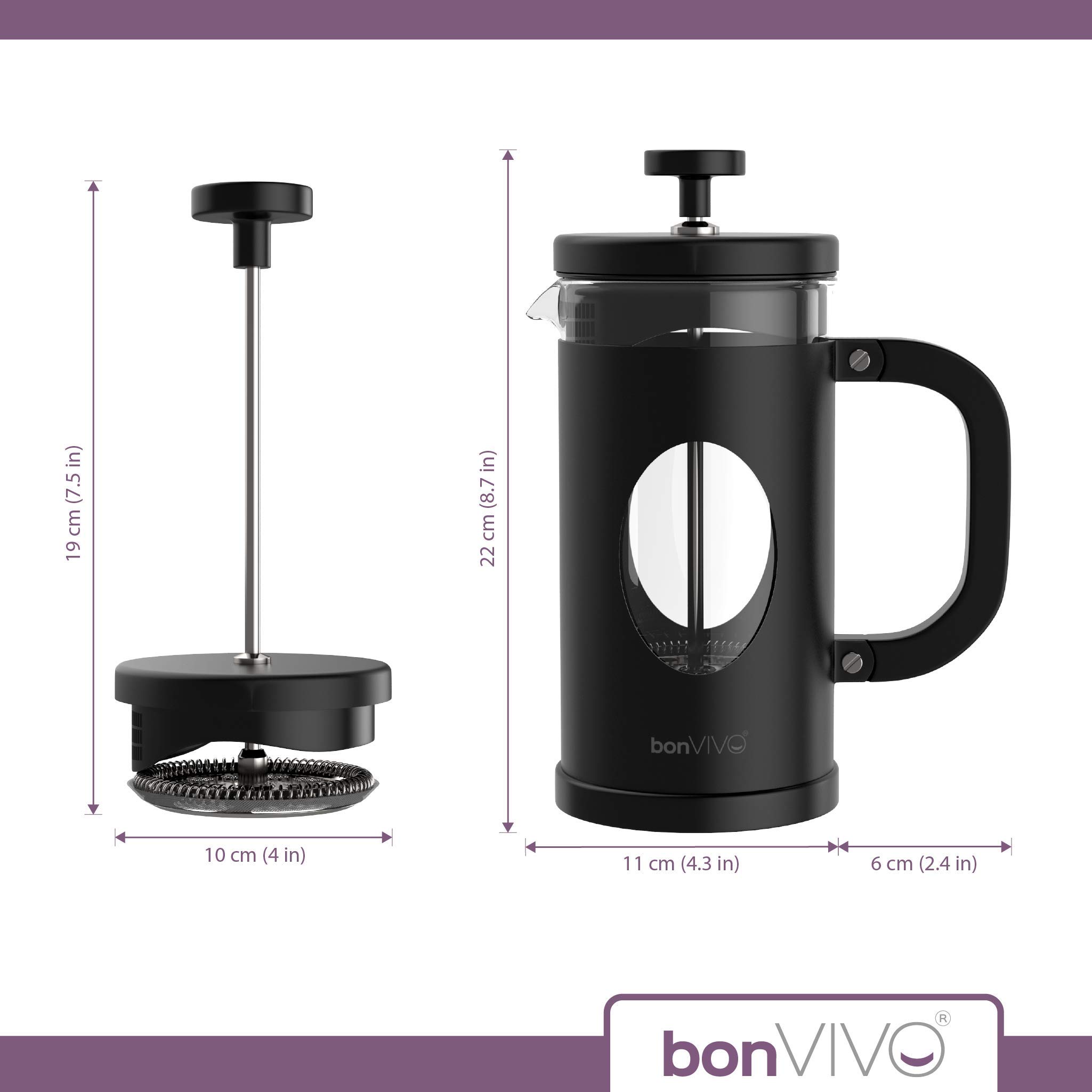 bonVIVO French Press 8 Tazze Nera con Caraffa di Ricambio 1L - Caffettiera a Stantuffo in Vetro Borosilicato per Caffè, Tè e Cold Brew