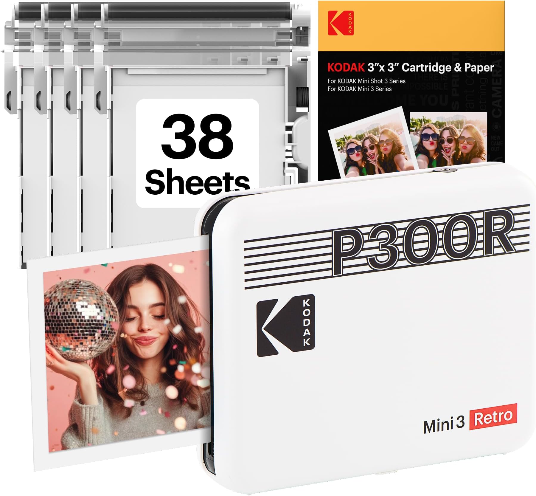KODAK Mini 3 Retro 3x3'' Portable Photo Printer, 38 Sheets, Bluetooth Smartphone Printer for iOS & Android, Instant Color Prints, 4PASS Dye Sublimation, White