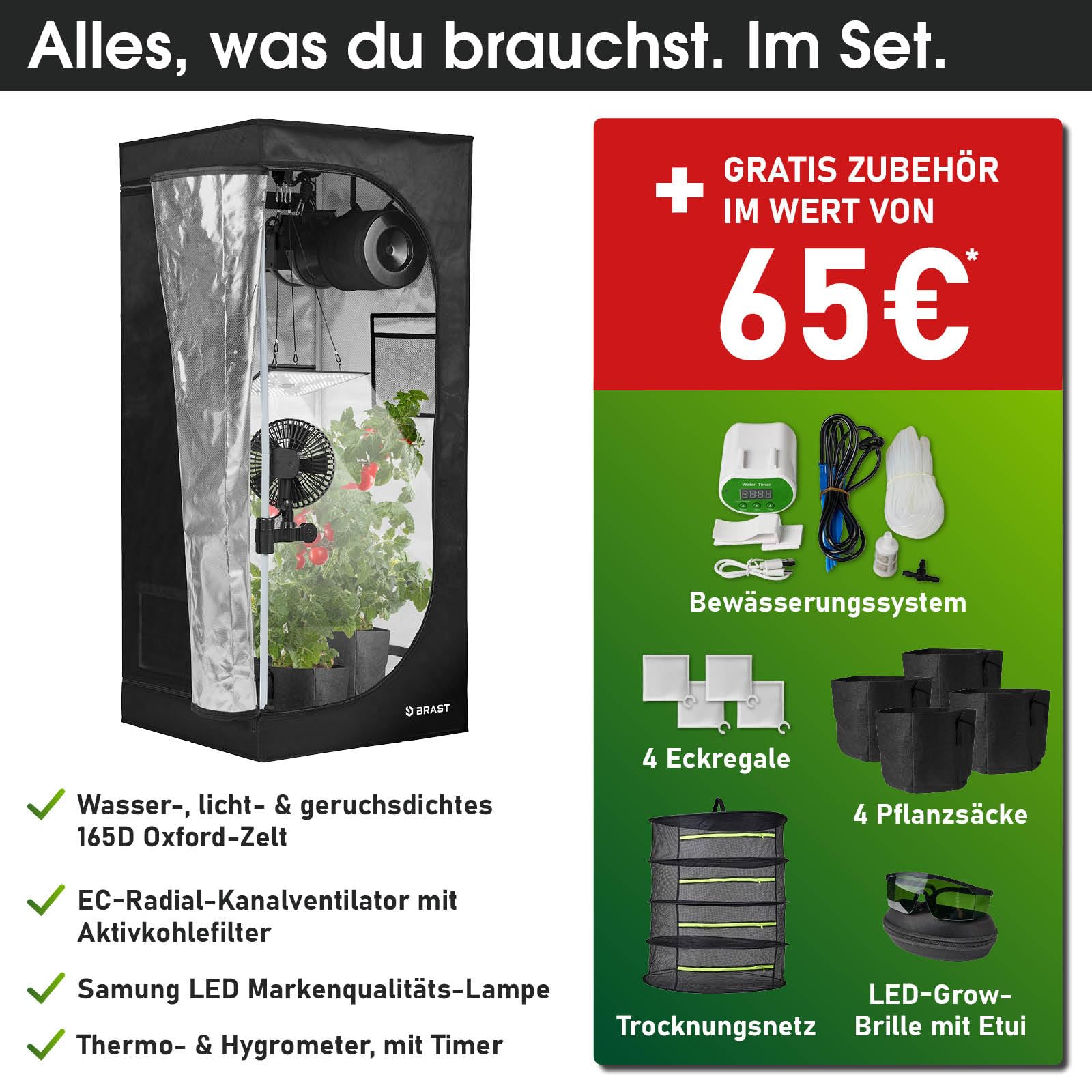 BRAST Growzelt GrowBox | Komplettset inkl. Sonderzubehör | viele Größen | 60x60x140-120x60x180cm | Vollspektrum LED Technologie | Belüftungs- & Bewässerungssystem | licht & wasserdicht | 60x60x140cm