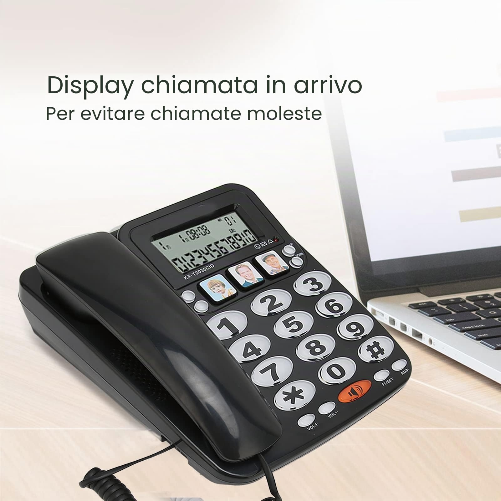 Telefono con Filo da Tavolo, Memorizzazione del Numero ID Chiamante Display LCD Tasti di Scelta Rapida Suoneria Regolabile, con Pulsante Indicatore Telefono Fisso, per Anziani Casa Hotel Ufficio(Nero)