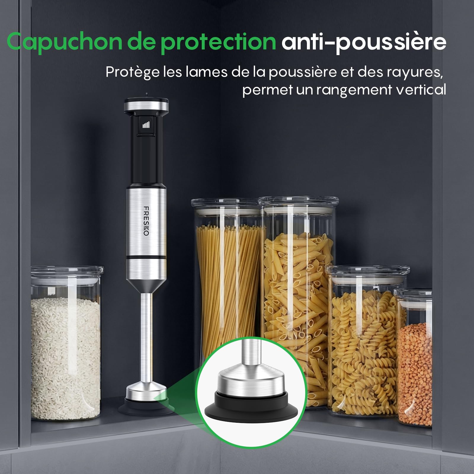 FRESKO Mixeur Plongeant 1000W, Vitesse Variable, Conception détachable | Pied Acier Inoxydable avec Protège-Casserole, pour Bébé, Soupes, Smoothies, Purées et Sauces, Noir