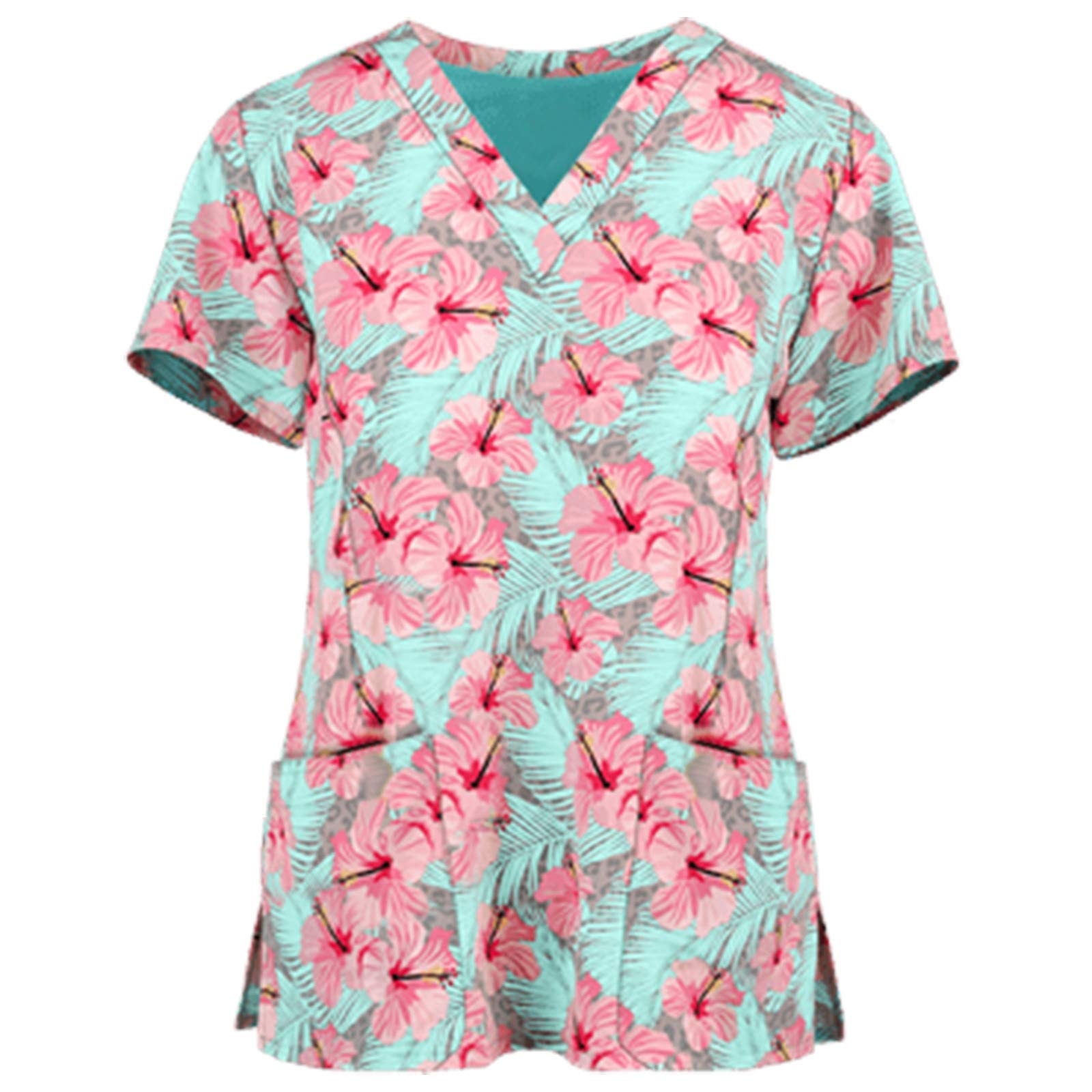 BSXY Tops de Mujer Uniforme de Trabajo Uniforme Estampado Camisa de Manga Corta Impresión de Dibujos Animados Top con Cuello en V