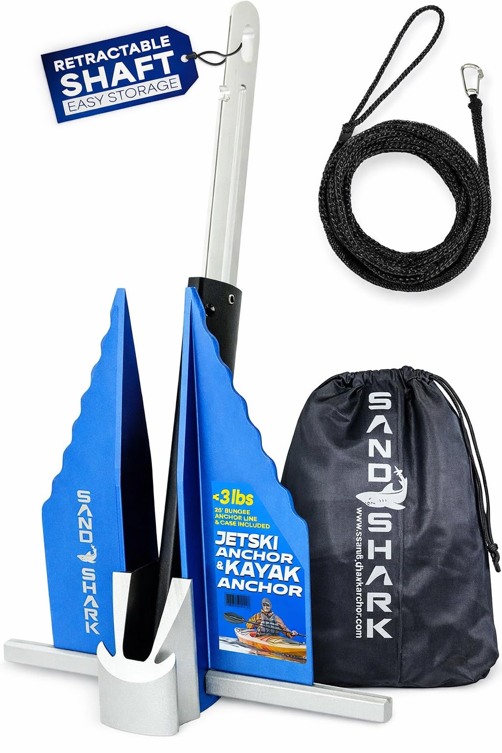 SandShark Premium Fluke Anchor-Retractable Shaft Easy Storage-Aluminum Pontoon Boat Anchor, Jet Ski Anchor. Boats<30 ft. Sand Anchor for Boat, Boat