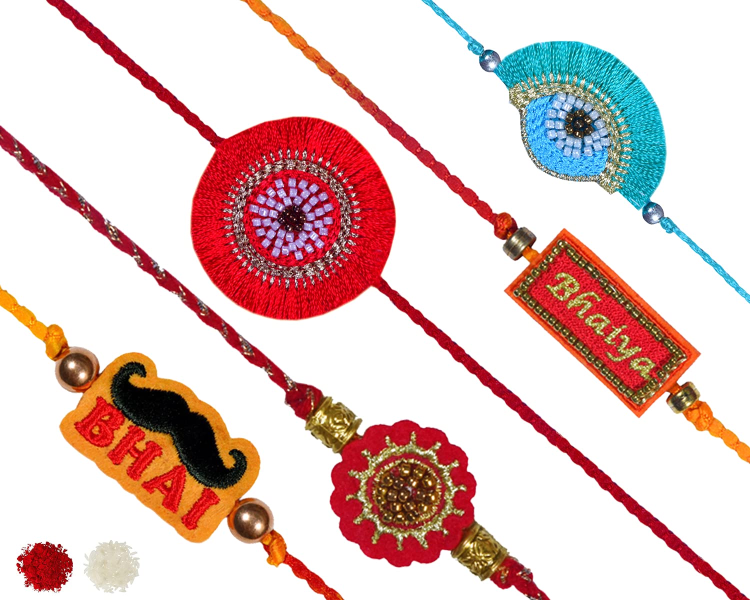 MASQ by Q-One Designer Rakhi Combo Set with Roli Chawal & Moli for Men (Pack of 5) | Embroidered Handcrafted Raksha Bandhan Bracelet for Brother (B099Q3DKVV) Amazon Price History, Amazon Price Tracker