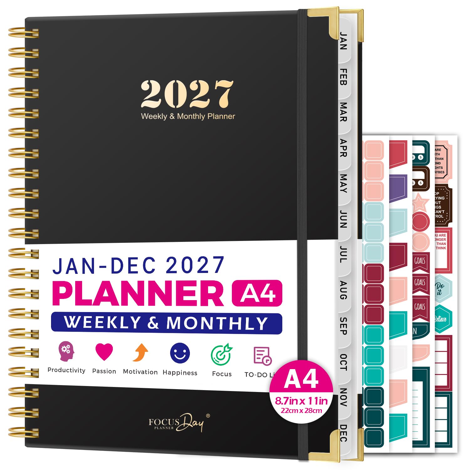 2027 Calendar Planner Weekly & Monthly, 12 Month (Jan - Dec 2027), 2027 Diary A4 Week to View with 4 Planning Stickers, Monthly Tabs, for School Teachers Students, 22 X 28 cm, Black โ image 1