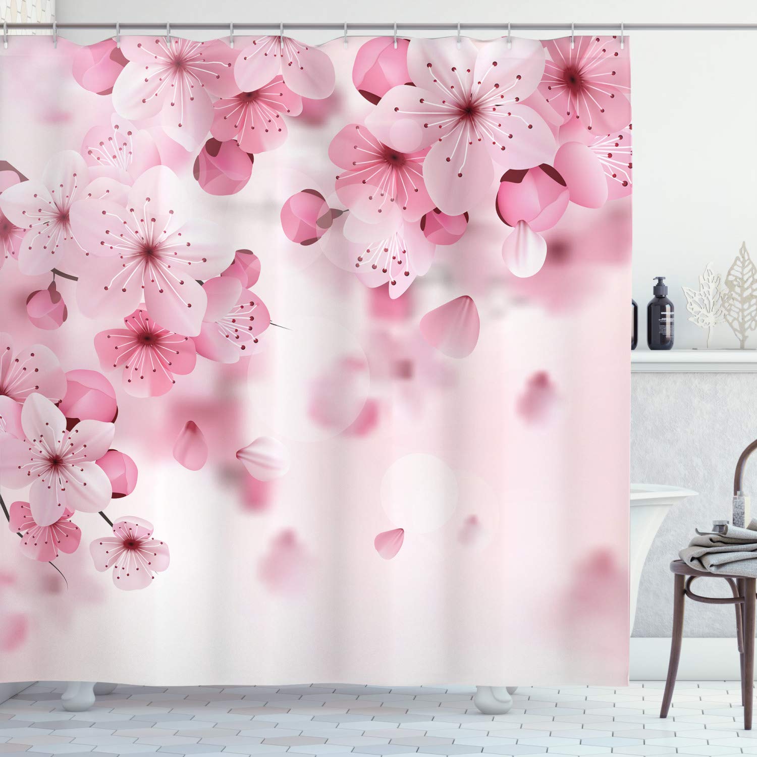 AmbesonneAmbesonne Floral Shower Curtain, Japanese Sakura Flowers Blossoms Eastern Spring Nature Theme Illustration, Cloth Fabric Bathroom Decor Set with Hooks, 70" Long, Pale Pink Baby Pink