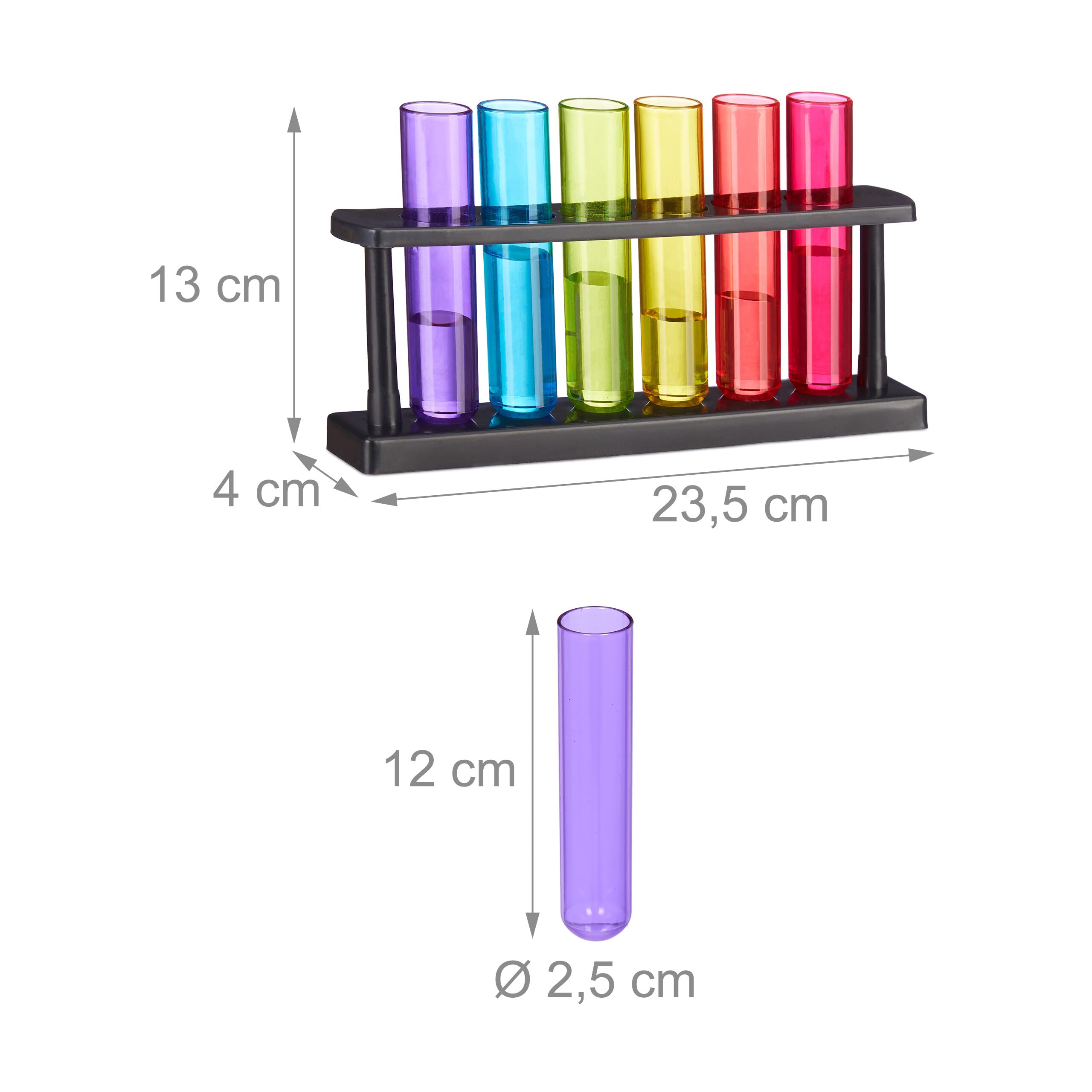 Relaxdays Probówki do wódki, 18 szklanek, 3 uchwyty, tworzywo sztuczne, 40 ml, kieliszki do shotów, na imprezy, kolorowe