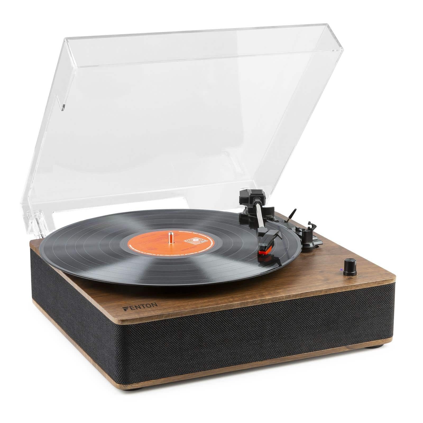 Fenton RP161 Plattenspieler Bluetooth, HQ Vinyl Player, Staubdeckel, Line-Out, eingebaute Stereo Lautsprecher, 3 Geschwindigkeiten, Single Puck, Schallplattenspieler mit Lautsprecher Walnuss Braun