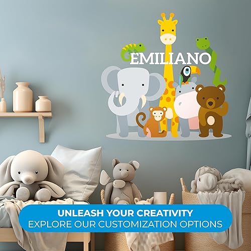 Miniatura 2 de Calcomanía de pared de vinilo con nombre personalizado de animales de la selva, decoración de pared para bebé, niño y niña, calcomanías I para