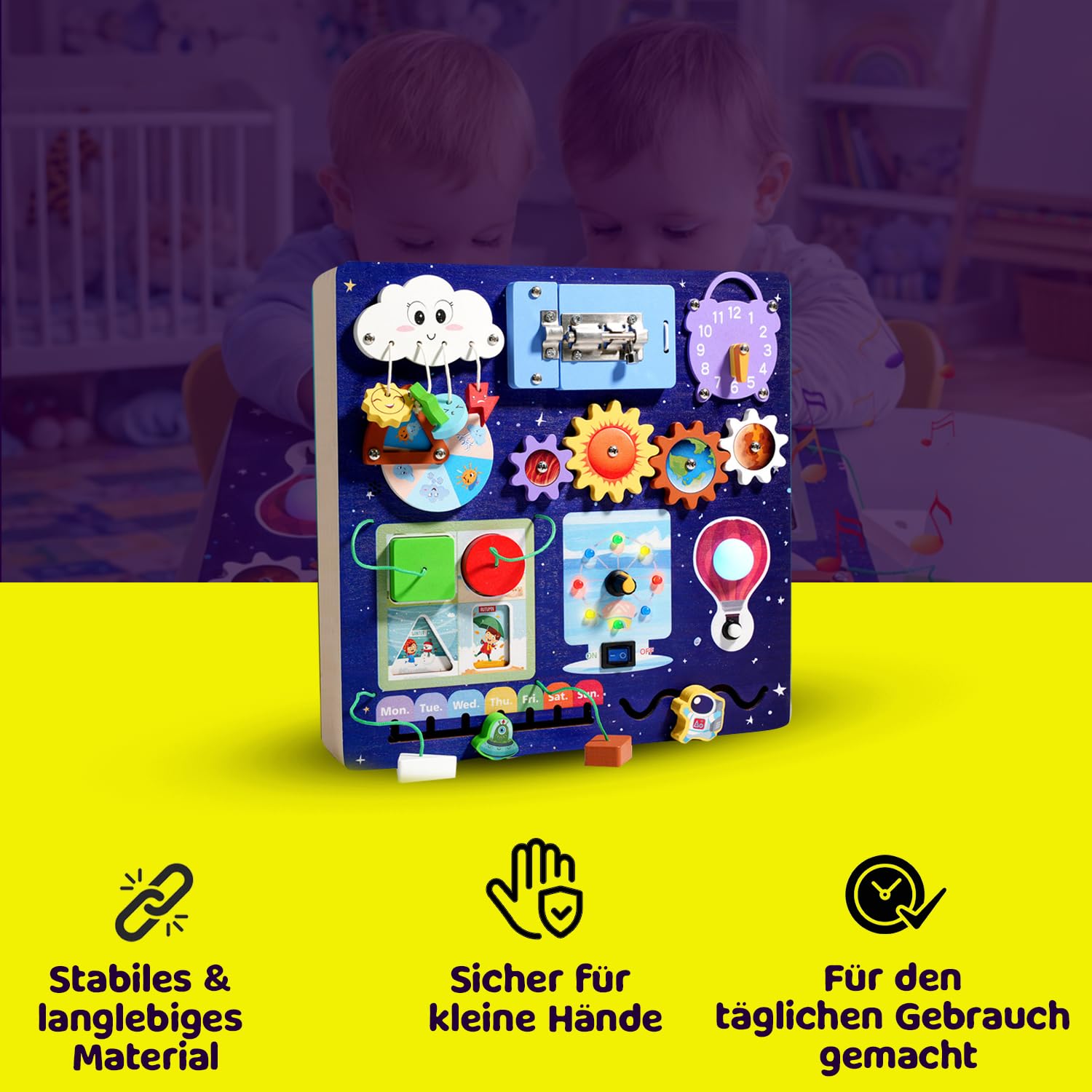 Busy Board für Kleinkinder | Montessori Spielzeug Weltraum Holz | Sensorik Motorikbrett mit LED Licht & Schaltern | Lernspielzeug zur Förderung der Feinmotorik | Jungen & Mädchen Geschenk, Blau