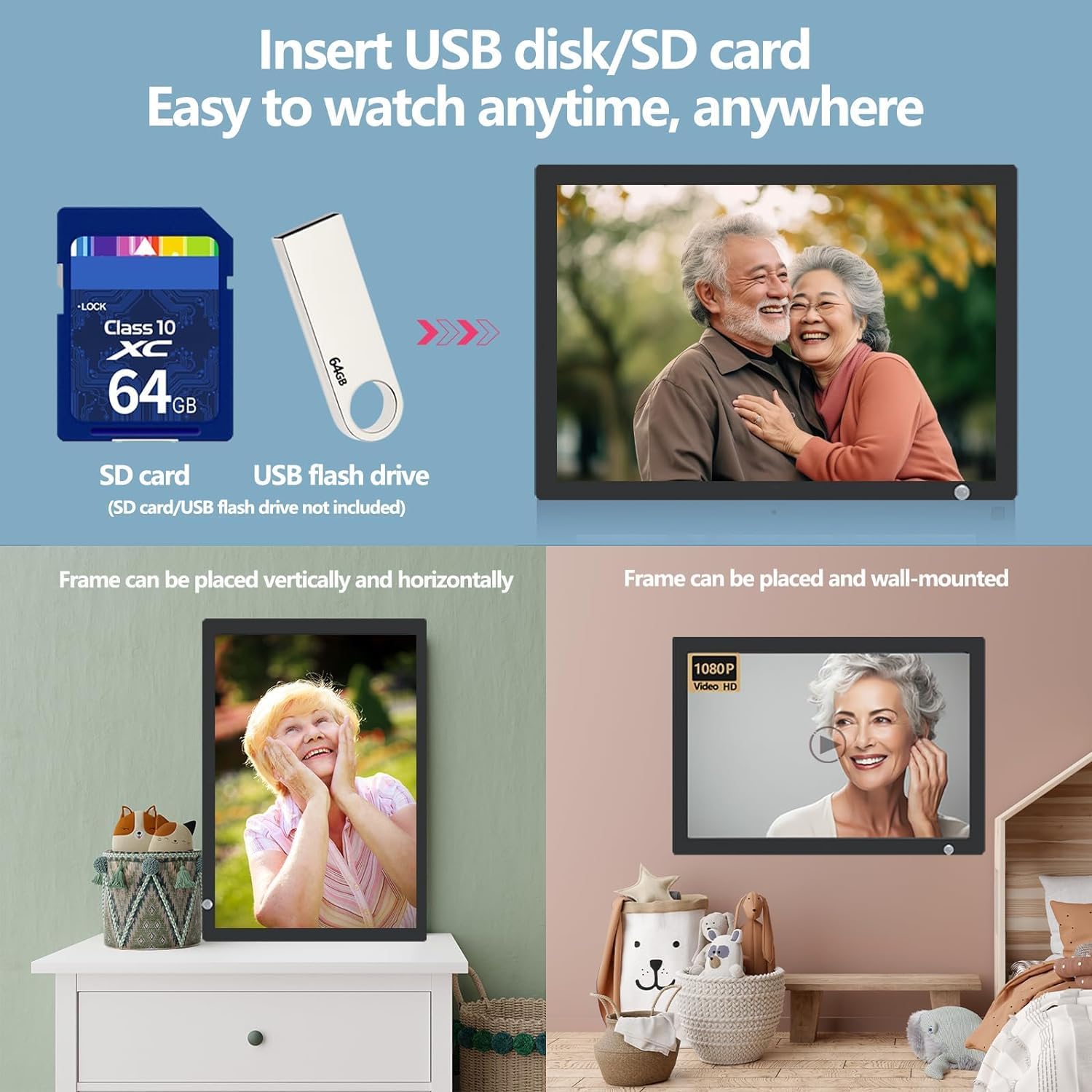 Cornice fotografica digitale da 20 pollici, schermo IPS HD 1980 x 1080, USB, supporto SD e MMC, video musica, calendario sveglia e presentazione