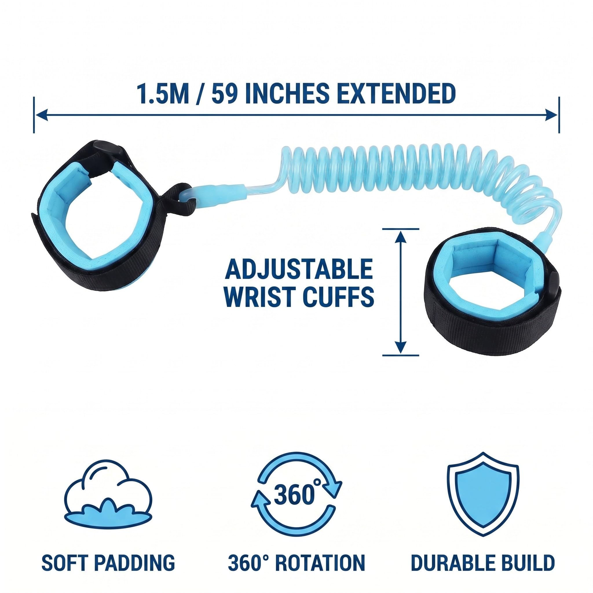 Guinzaglio per Bambini 1.5m con Cavo a Molla Flessibile e Rotazione 360°, Antismarrimento, Blu