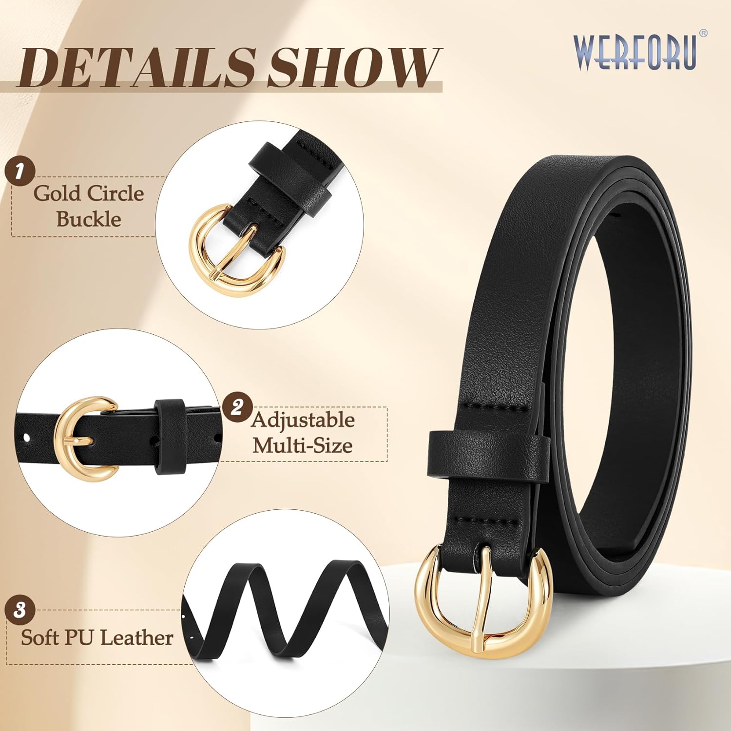 WERFORU 3 Pack Women Skinny Belt Thin Waist Belt for Women Leather Belt with Gold Buckle for Jeans Pants Dress 0.74" Width - Image 5