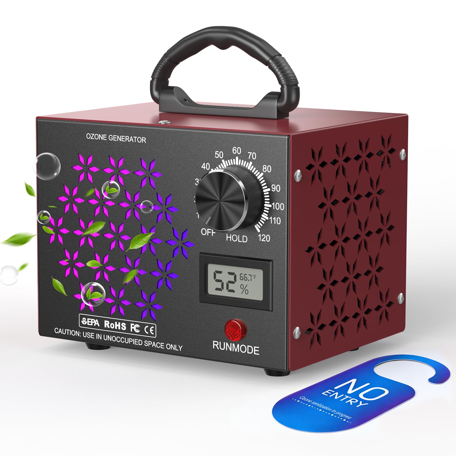 Générateur d'ozone 120 000 mg/h avec affichage de la température/l'humidité, triple aérations latérales pour une meilleure circulation de l'air – Purificateur d'air plus rapide et plus large pour la