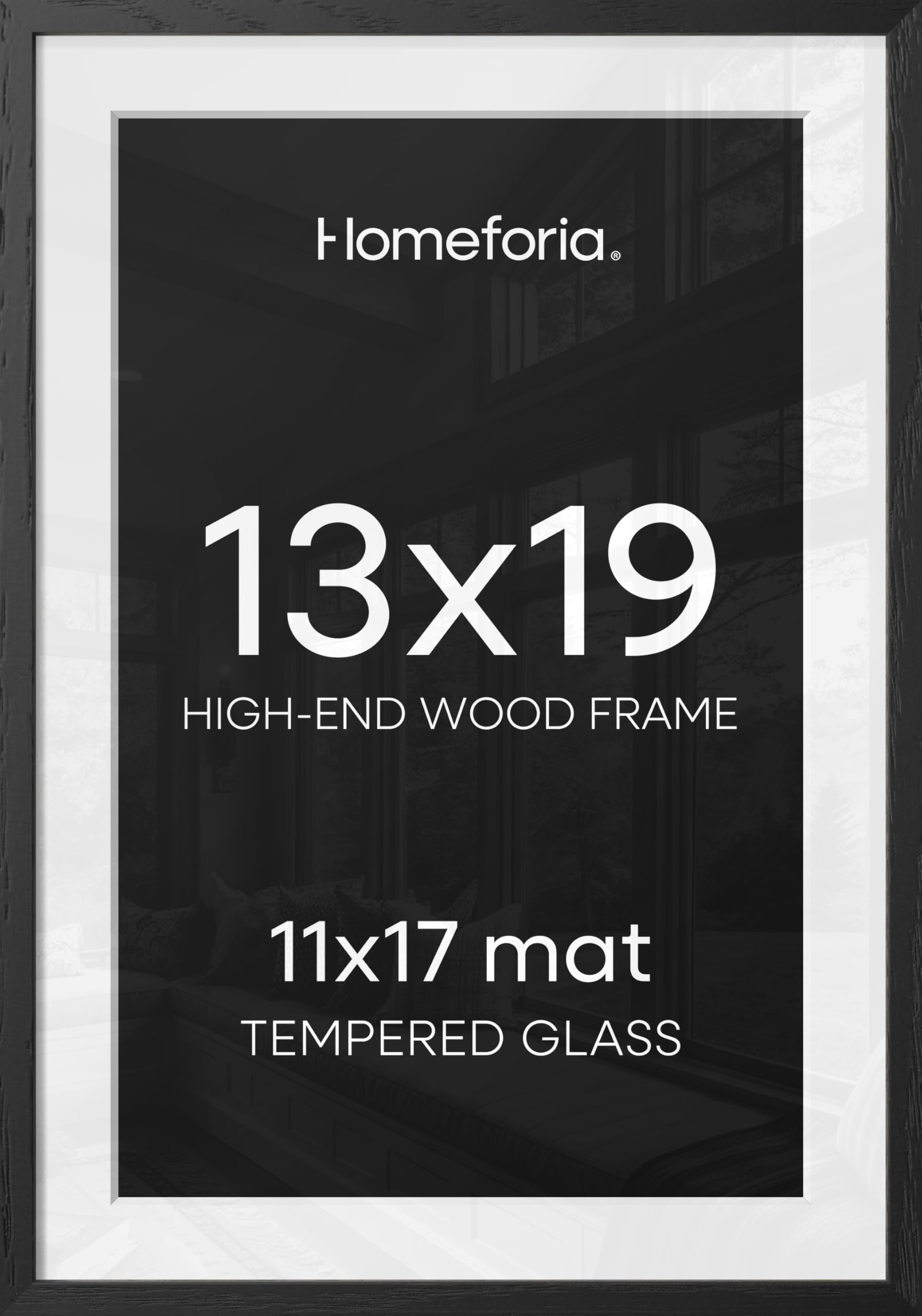 Homeforia 13x19 Black Oak Picture Frame, High-End Wood, 11x17 Mat, Glass | High End Solid Oak Wood, Tempered Glass, Acid-Free 11x17 Removable Mat, 13x19 Edge-to-Edge Display 19x13, Wall Kit, Set Of 2