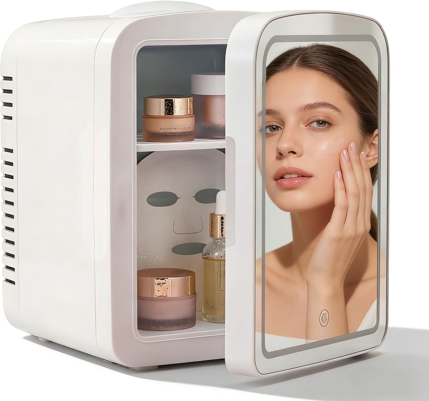 4L Mini Skincare Fridge with Dimmable LED Mirror, Portable Beauty Refrigerator for Makeup, Cosmetic, Personal Small Refrigerator with Cooler and Warmer for Bedroom, Office and Car (White-4L-LED light)