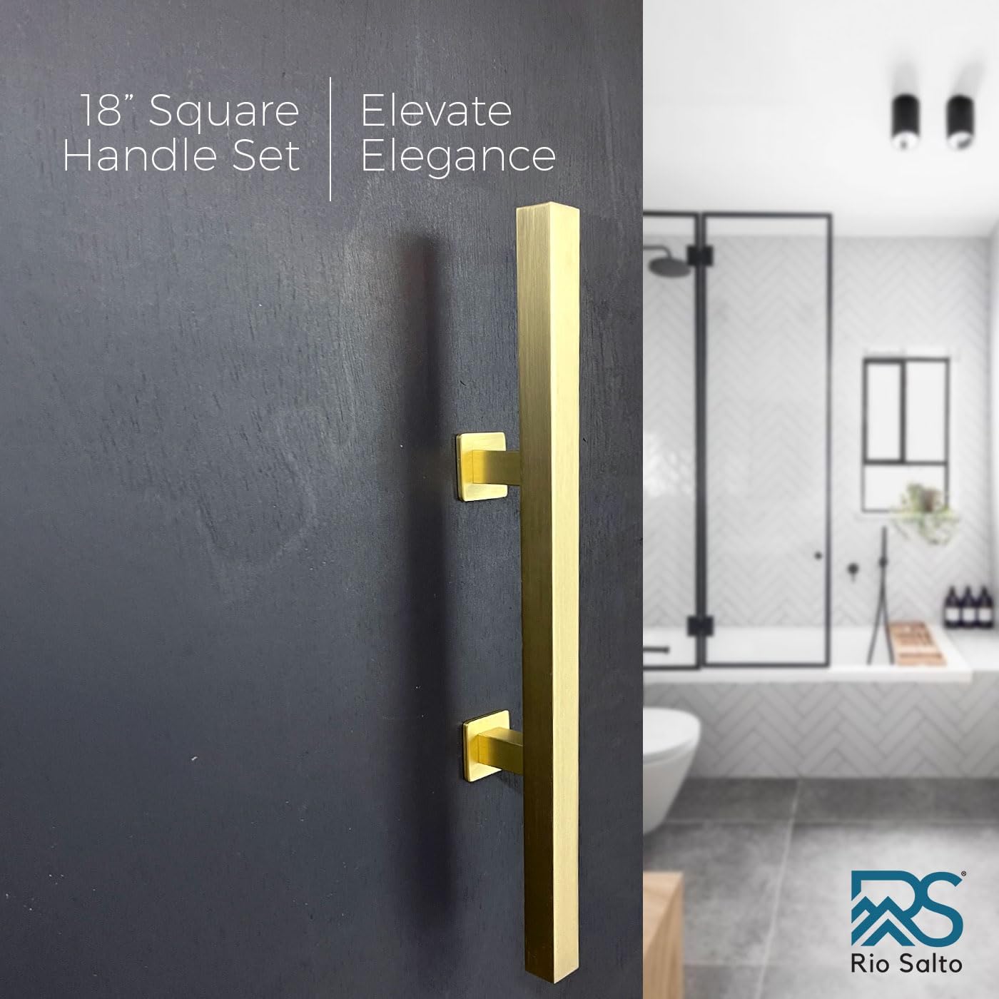 Rio Salto 18-Inch Brushed Brass Gold Barn Door Handle Kit, Closet Door Handle Stainless Steel, Pull Handle and Flush Handle Set, Heavy Duty Large Sliding Door Handles Hardware Included (1-Door Pack)