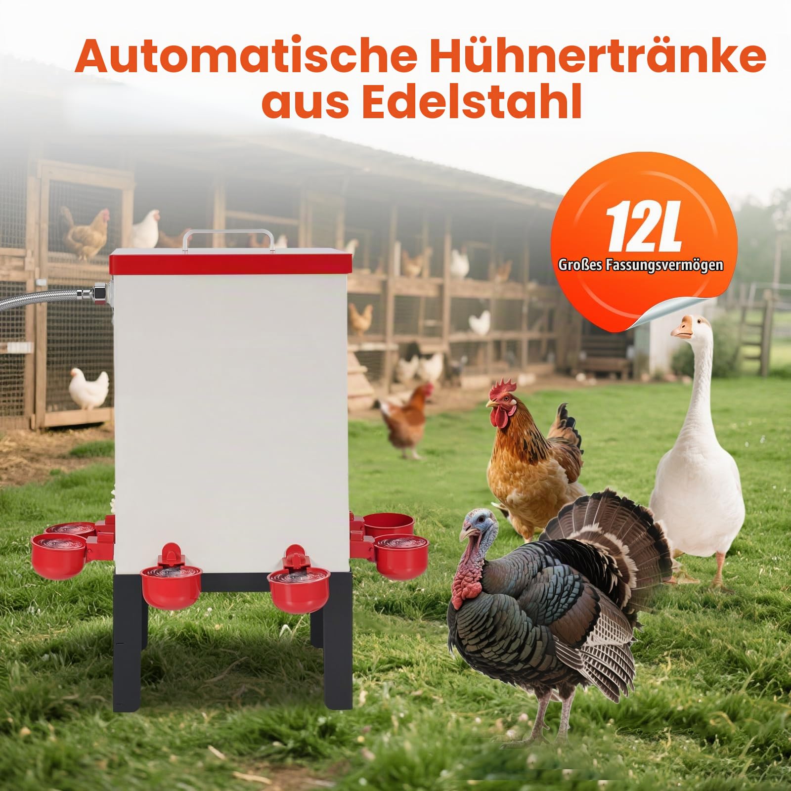 12L Automatische Hühnertränke, Geflügelwasserspender aus Edelstahl mit Schwimmerventil, Schlauch, Wasserbecher und Ständer, Hühnerwasserfütterung für Küken, Enten, Gänse, Truthahn