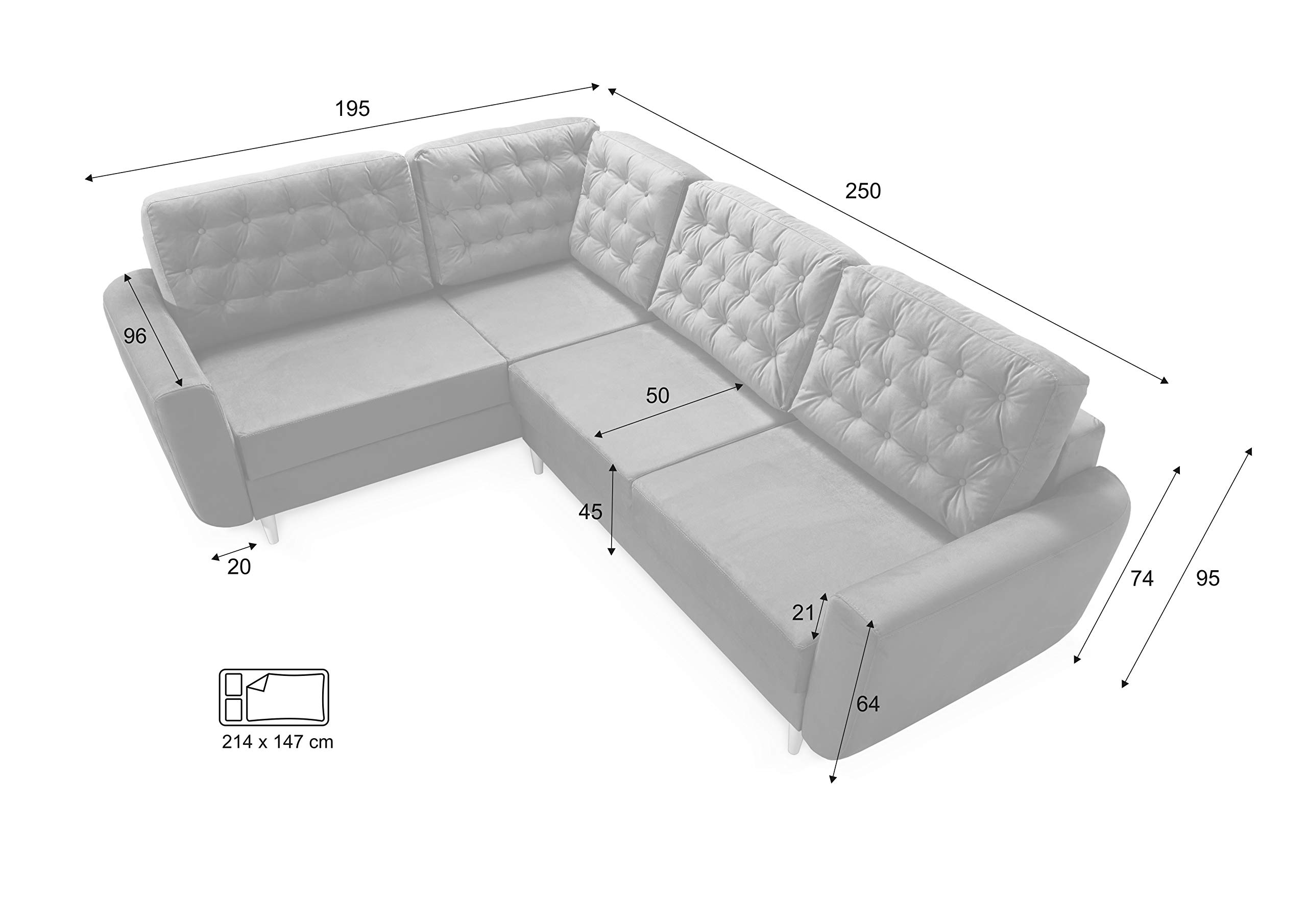 Robin Linda sofa narożna z funkcją spania, ze skrzynią na pościel i poduszkami, wolnostojąca sofa narożna w kształcie litery L, sofa tapicerowana z funkcją spania (obalt)