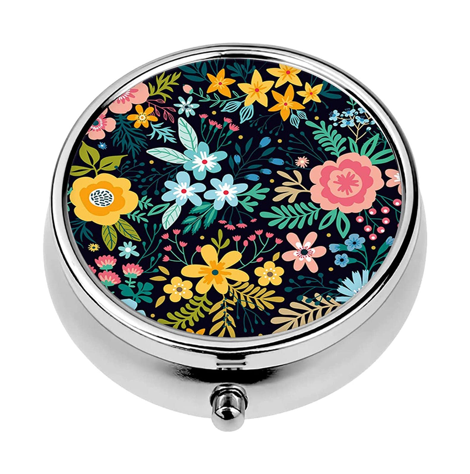 Udoosun Round Pill Box,Compact 3 Compartment Medicine Case,for Pocket,Purse,Portable Medicine Tablet Vitamin Holder Travel Gift Bright Flowers