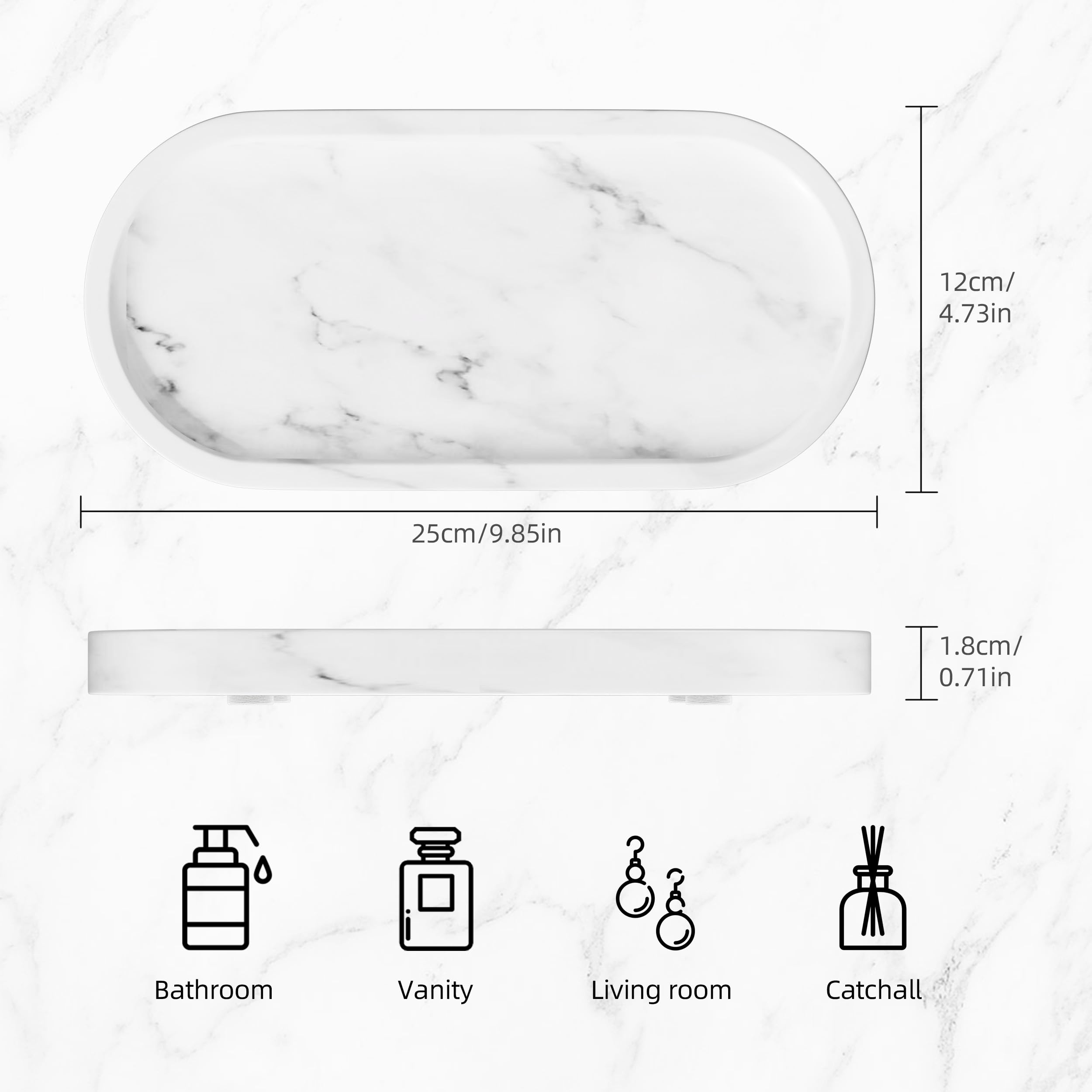 Plateau Decoratif Elliptique en Marbre,25x12x1.8cm,Blanc Carrara
