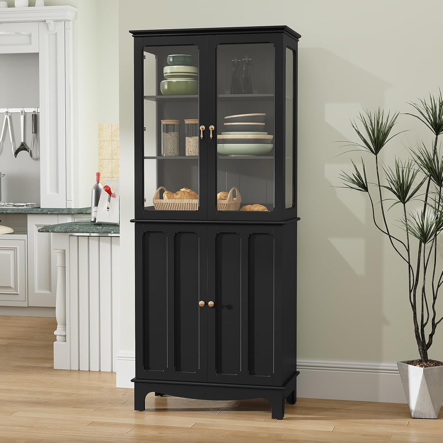 ARTPOWER 72" Black Freestanding Kitchen Pantry Cabinet with Glass Doors & Adjustable Shelves - Tall Sideboard Storage for Kitchen, Dining Room