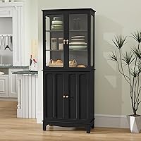 ARTPOWER 72" Black Freestanding Kitchen Pantry Cabinet with Glass Doors & Adjustable Shelves - Tall Sideboard Storage for Kitchen, Dining Room