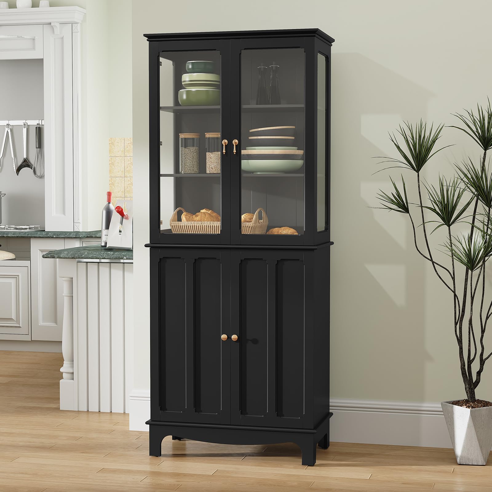 ARTPOWER 72" Freestanding Kitchen Pantry Storage Sideboard, Classical Tall Cabinet with Glass Door and Adjustable Shelves for Kitchen, Livingroom and Dining Room, Black