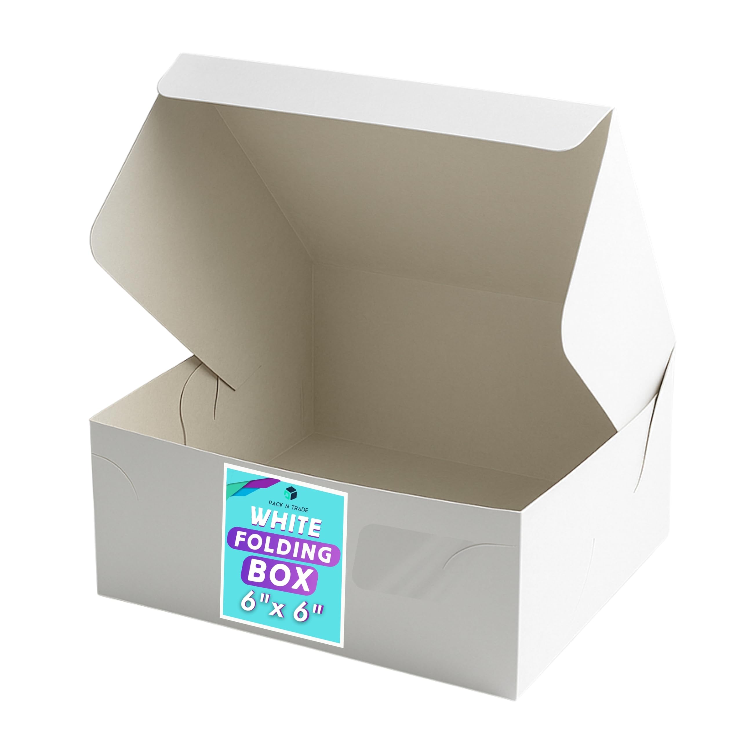 PACK N TRADE 6-Inch White Folding Cake Box, Pack of 25 – Food-Safe Cardboard Bakery Boxes (6″ × 6″ × 3″) for Cakes, Pastries, Cupcakes, Cookies & Treats
