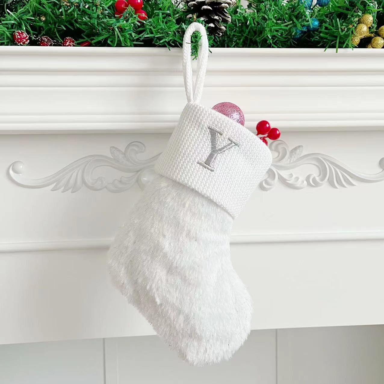 Initial Letter Christmas Stocking White Snowflake Knitted Christmas Tree Stockings Decorative Sock Hanging Ornament for Mantel Fireplace (White Y, 10inch)