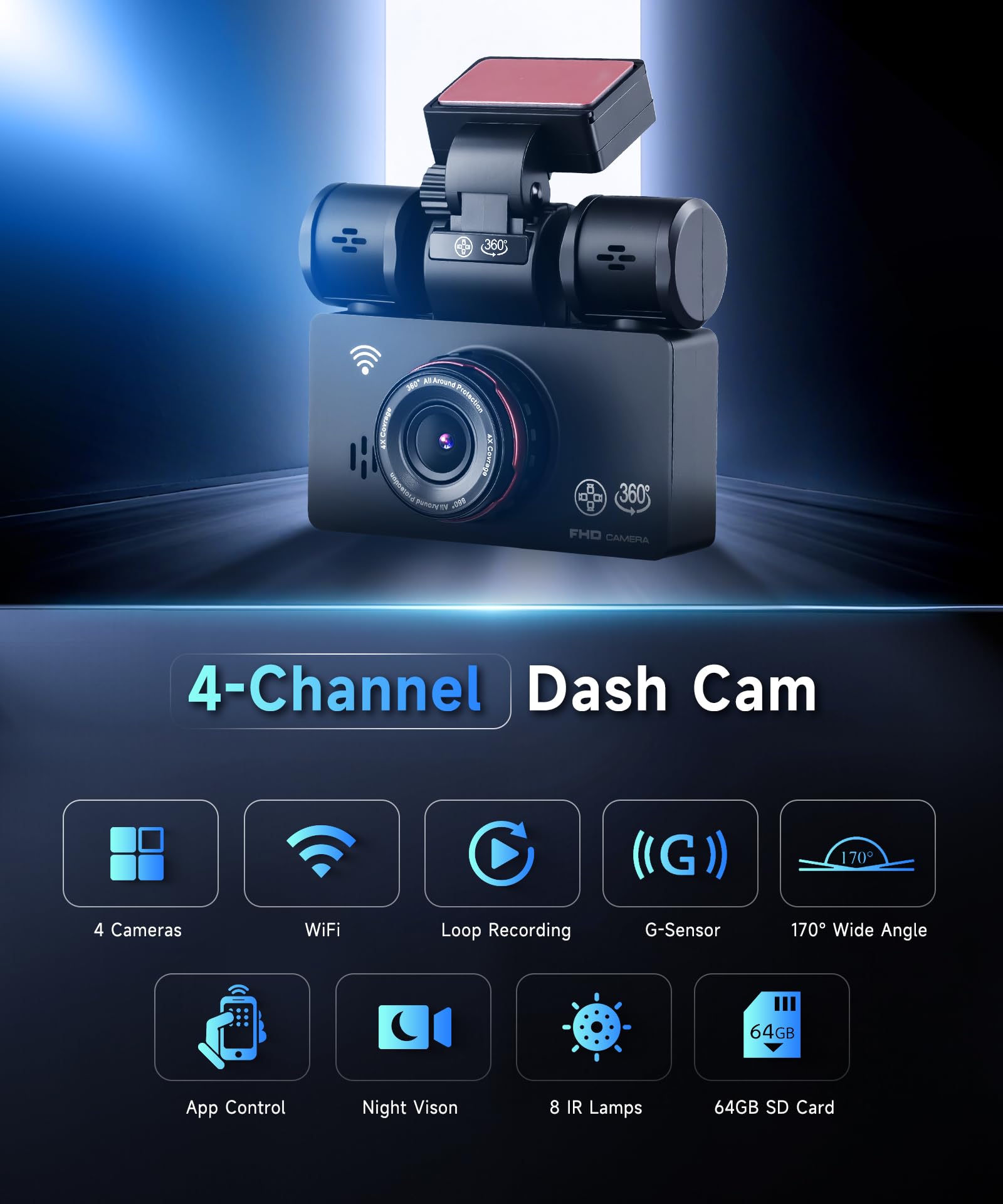 VECHTEL Cámara de salpicadero 2K para Coche, Delantera y Trasera,con WiFi, 4 cámaras de salpicadero 1080P,Pantalla IPS de 3 Pulgadas, visión Nocturna, Sensor G,360 ​​Grados,con Tarjeta SD de 64 GB