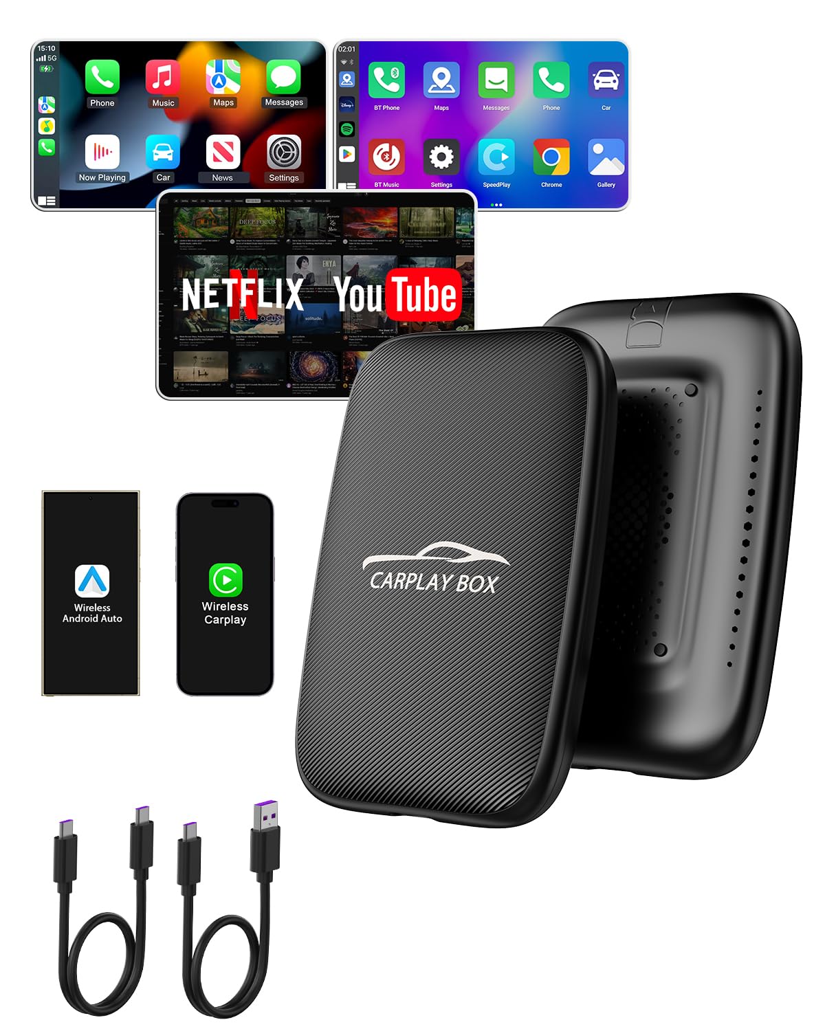 4 in 1 Wireless Carplay & Android Auto Wireless Adapter - Magic CarPlay Ai Box Streaming Video Fits Netflix/YouTube/TF Card, CarPlay Wireless Adapter for Wired CarPlay AA Cars USB Card Reader Writer