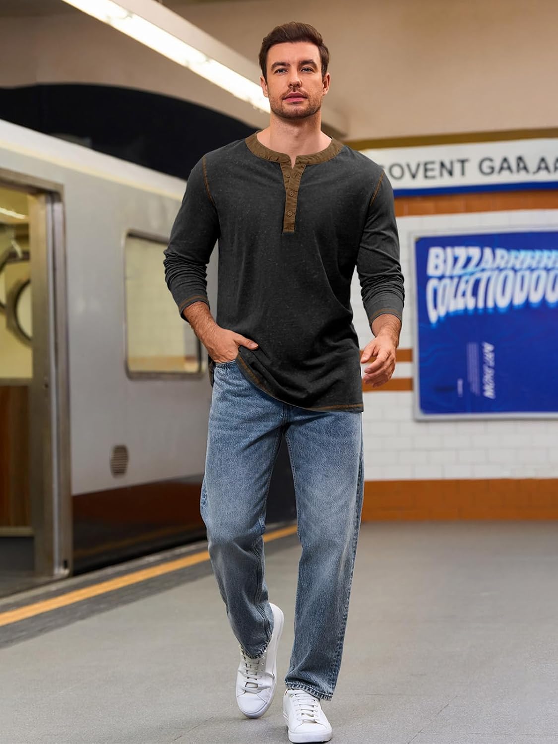 Yousify Mens Henley Shirt Long Sleeve Casual Cotton Basic T Shirts Button Washed Retro Lightweight Tee Tops - Image 5