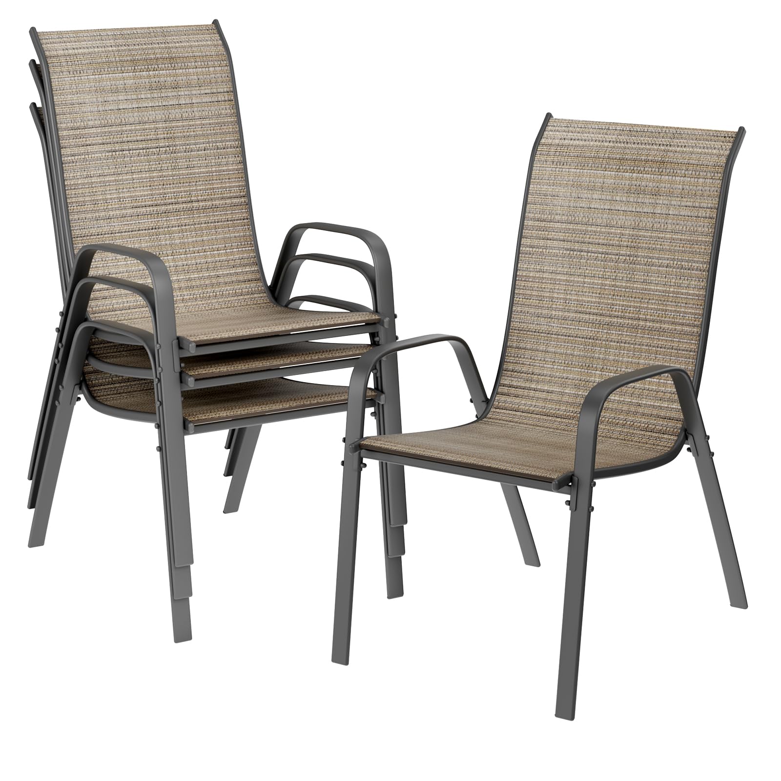 LIFERUN Sillas de jardín apilables para Camping, con Respaldo Alto, Estructura de Acero textileno, para Jardines, Patios, Balcones, restaurantes, 150 kg, soporta 54 x 69 x 93 cm (4, Lino marrón)
