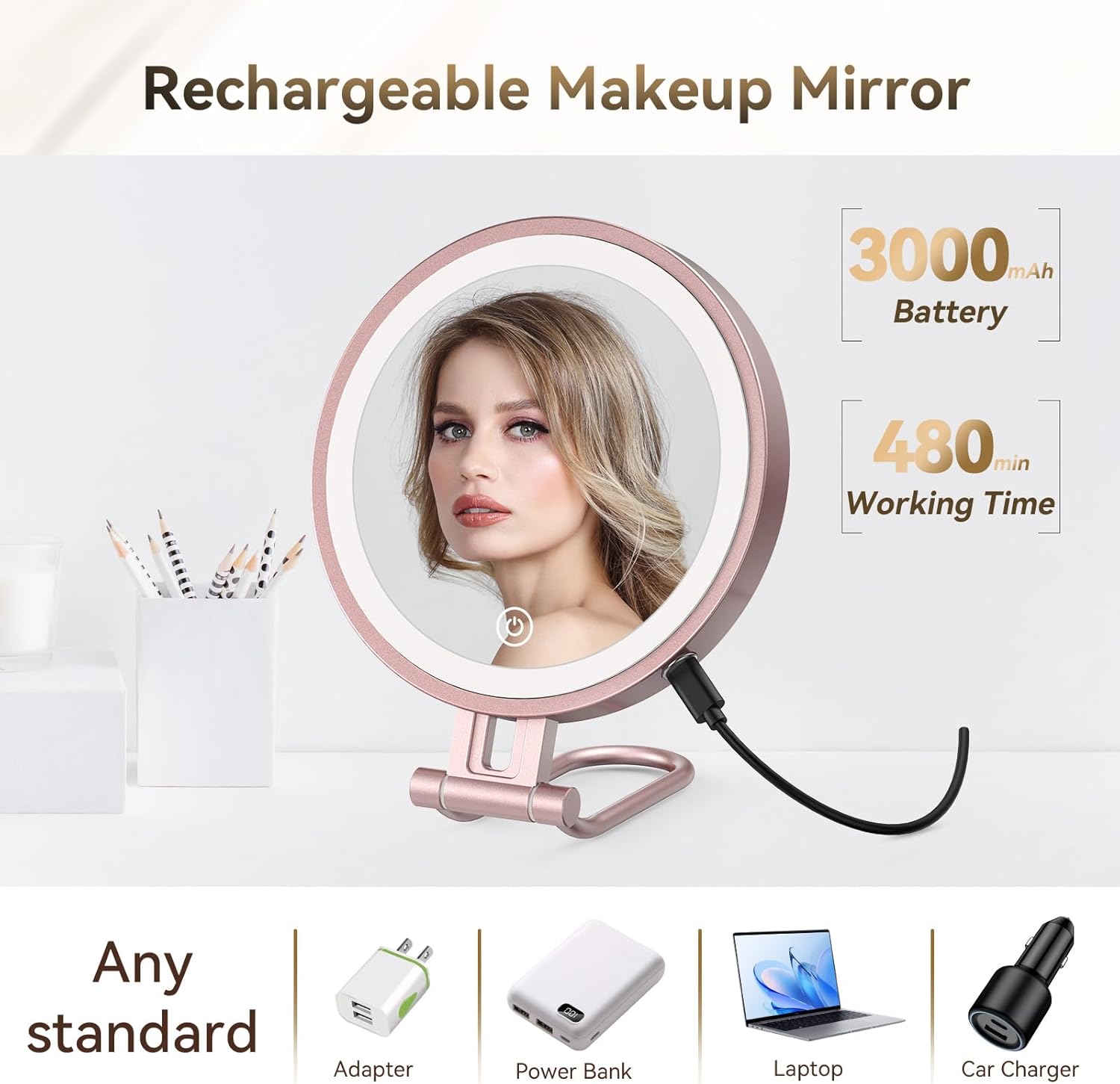 Travel Makeup Mirror with Lights,3000mAh Rechargeable 1X/20X Magnifying Mirror with Light, 7" Portable Lighted Beauty Mirror, Make Up Mirrors with 3 Light Colors, Dimmable Tabletop Handhold Hanging-G - Image 5