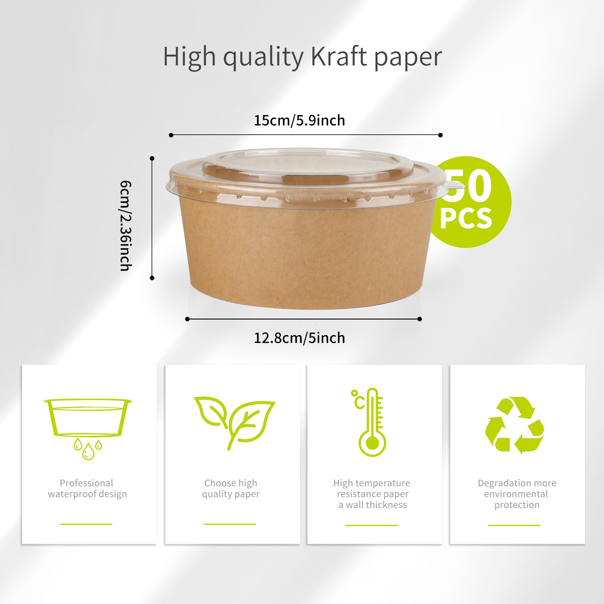 Paquete de 50 cuencos de papel de 25 onzas con tapas, cuencos desechables para sopa, cuencos de ensalada resistentes, en papel kraft de grado alimenticio, ecológicos, duraderos, sin fugas, para