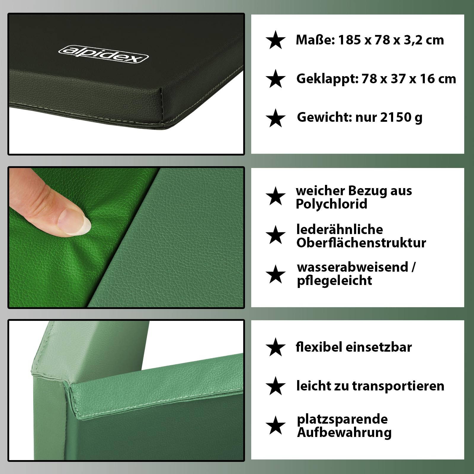 ALPIDEX Turnmatte klappbare Weichbodenmatte 185 x 78 x 3,2 cm Gymnastikmatte Sportmatte für zu Hause Kinder Erwachsene